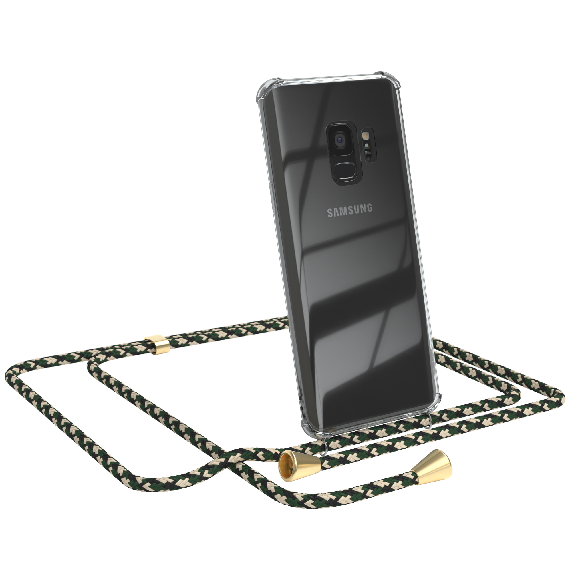 Telefon in klarer Hülle mit grün gemustertem Umhängeband. Telefon geneigt. Weißer Hintergrund.
