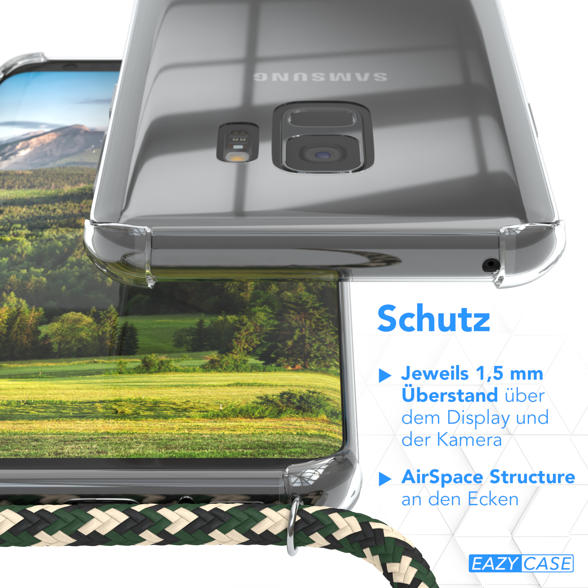 Eine transparente Handyhülle. Details über die Eigenschaften des Gehäuses werden angegeben.