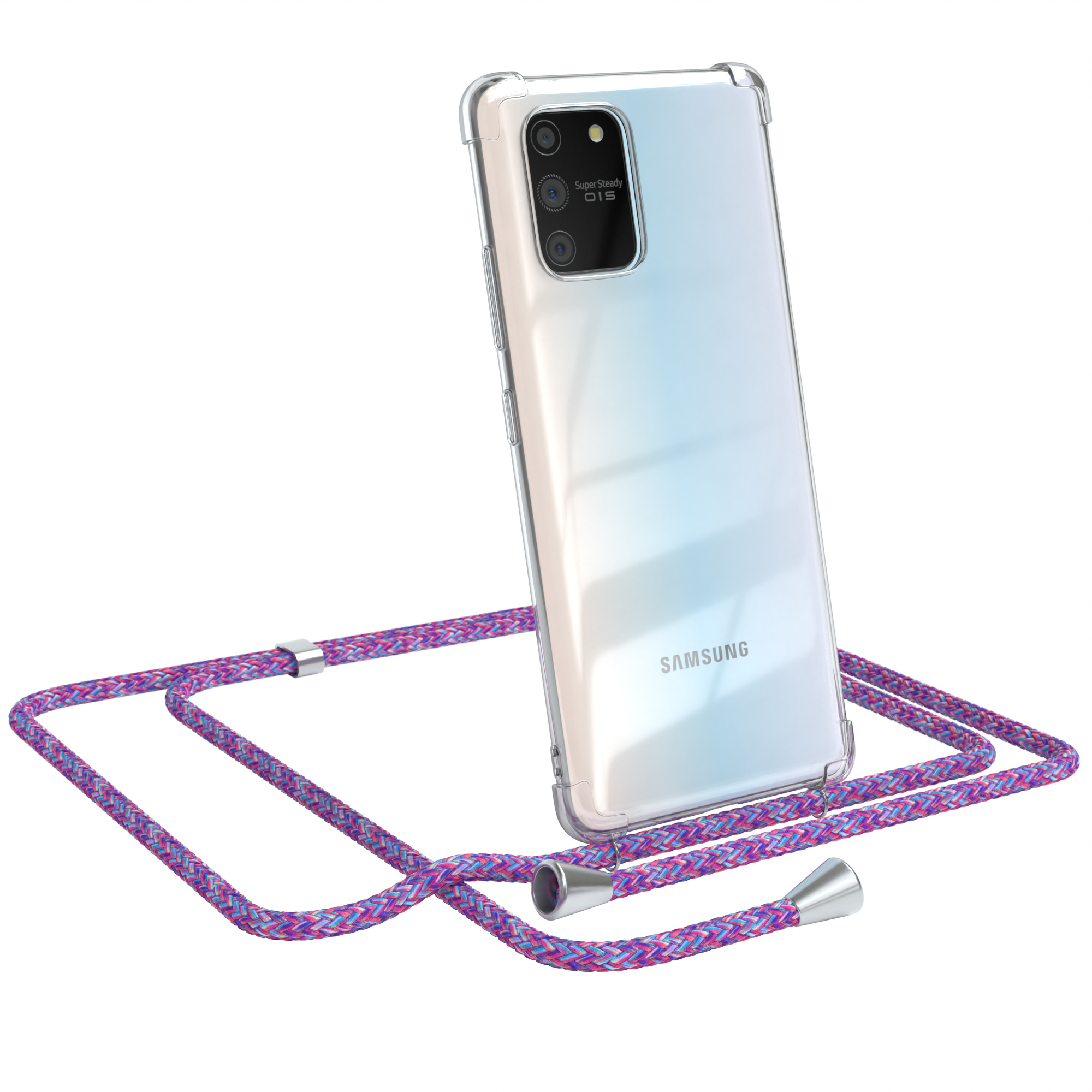 Transparente Handyhülle mit lila Kabel. Samsung Handy mit transparenter Hülle.