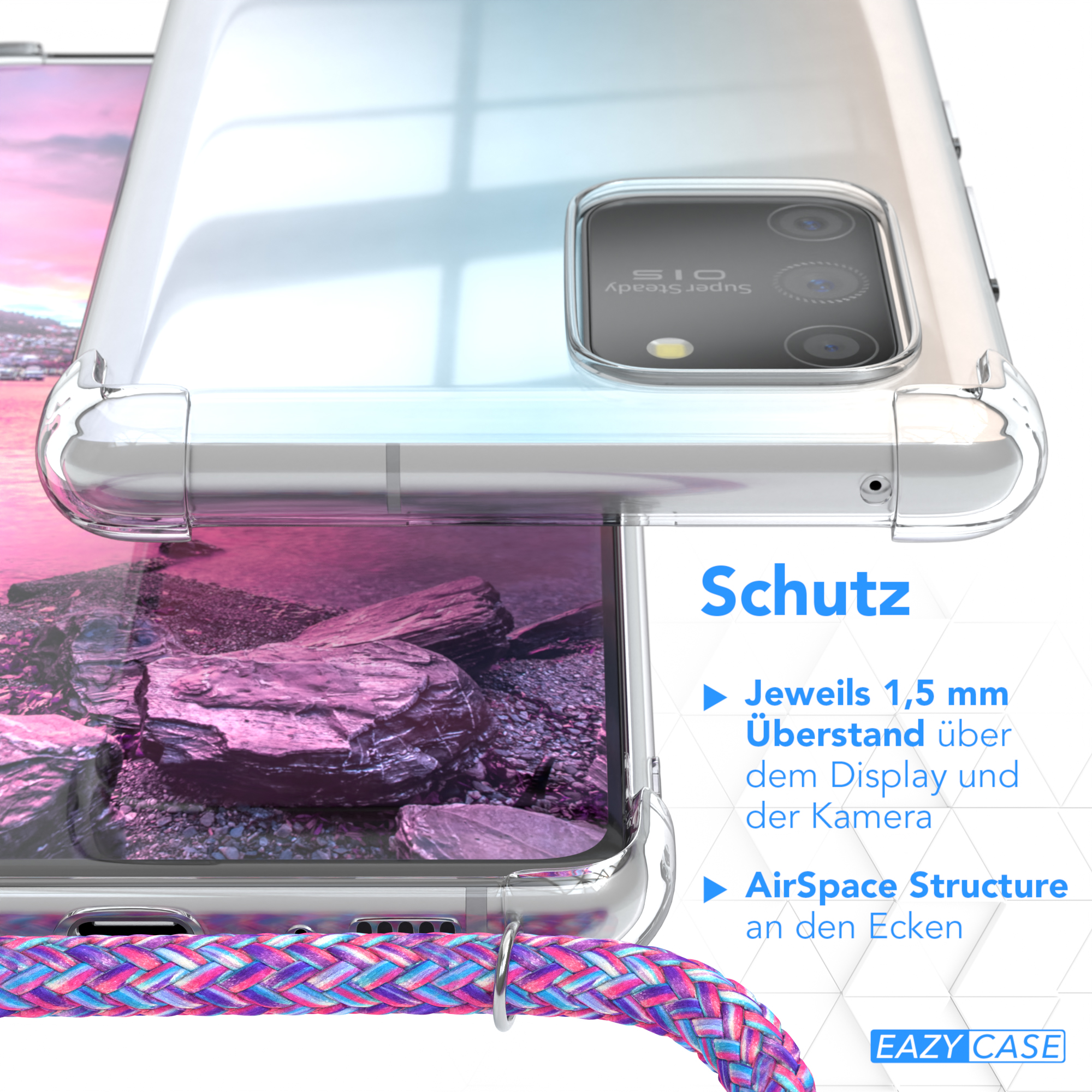 Nahaufnahme der Handyhülle, Text: Über Display und Kamera. AirSpace Structure.