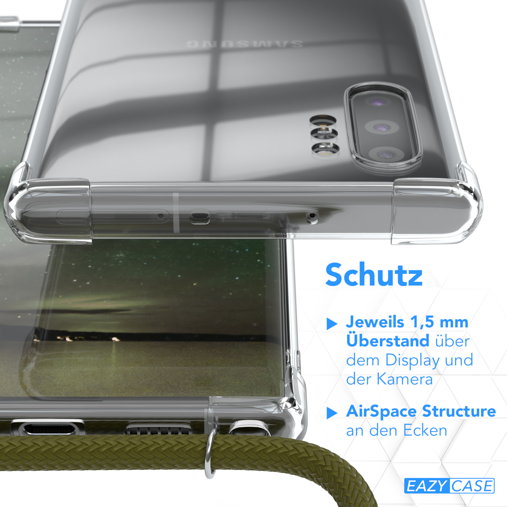 EAZY CASE Clear Cover mit Samsung, Grün Galaxy Umhängeband, Olive 10 Umhängetasche, Plus, Note