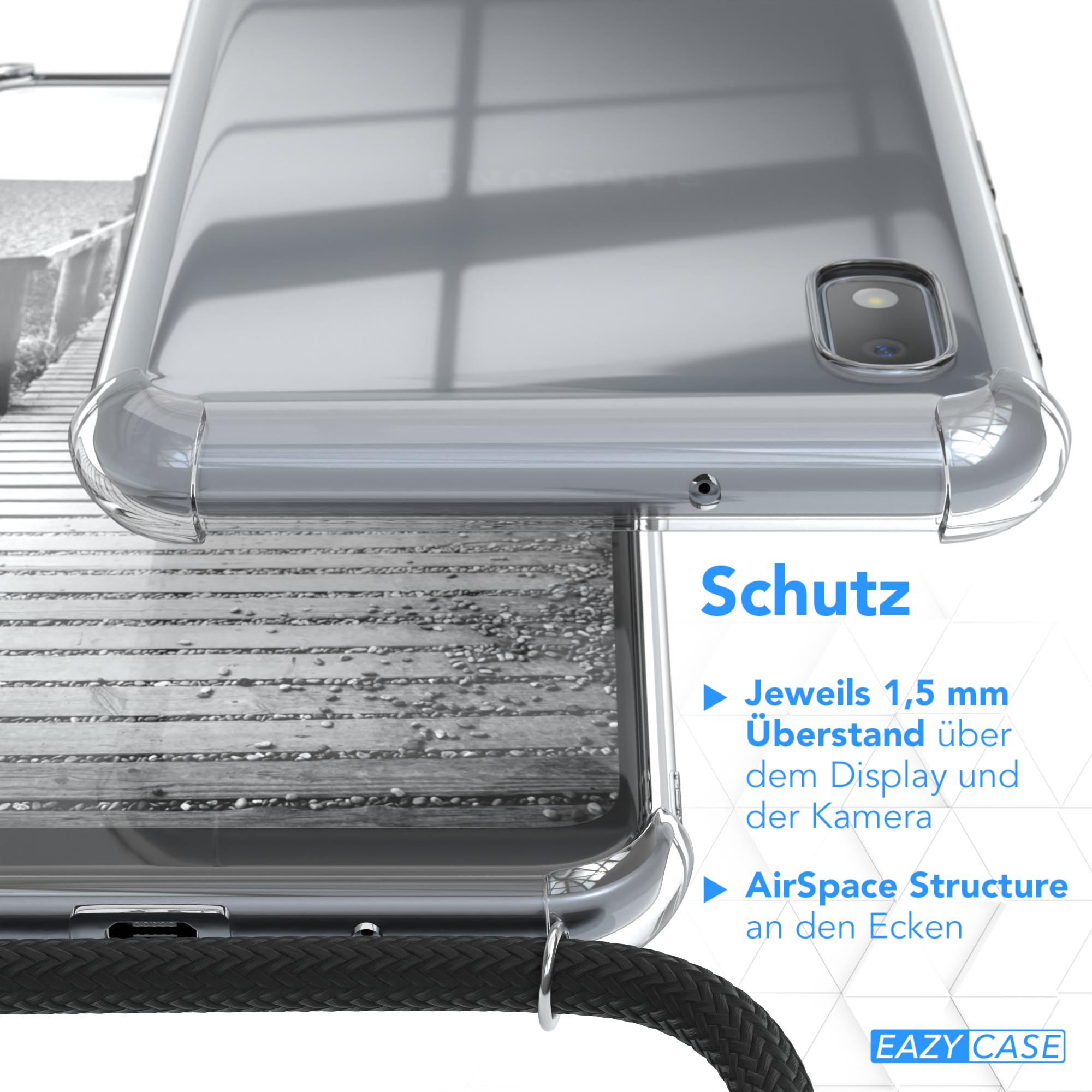 Nahaufnahme der Handyhülle mit Text, der Funktionen angibt. EAZY CASE Logo unten.