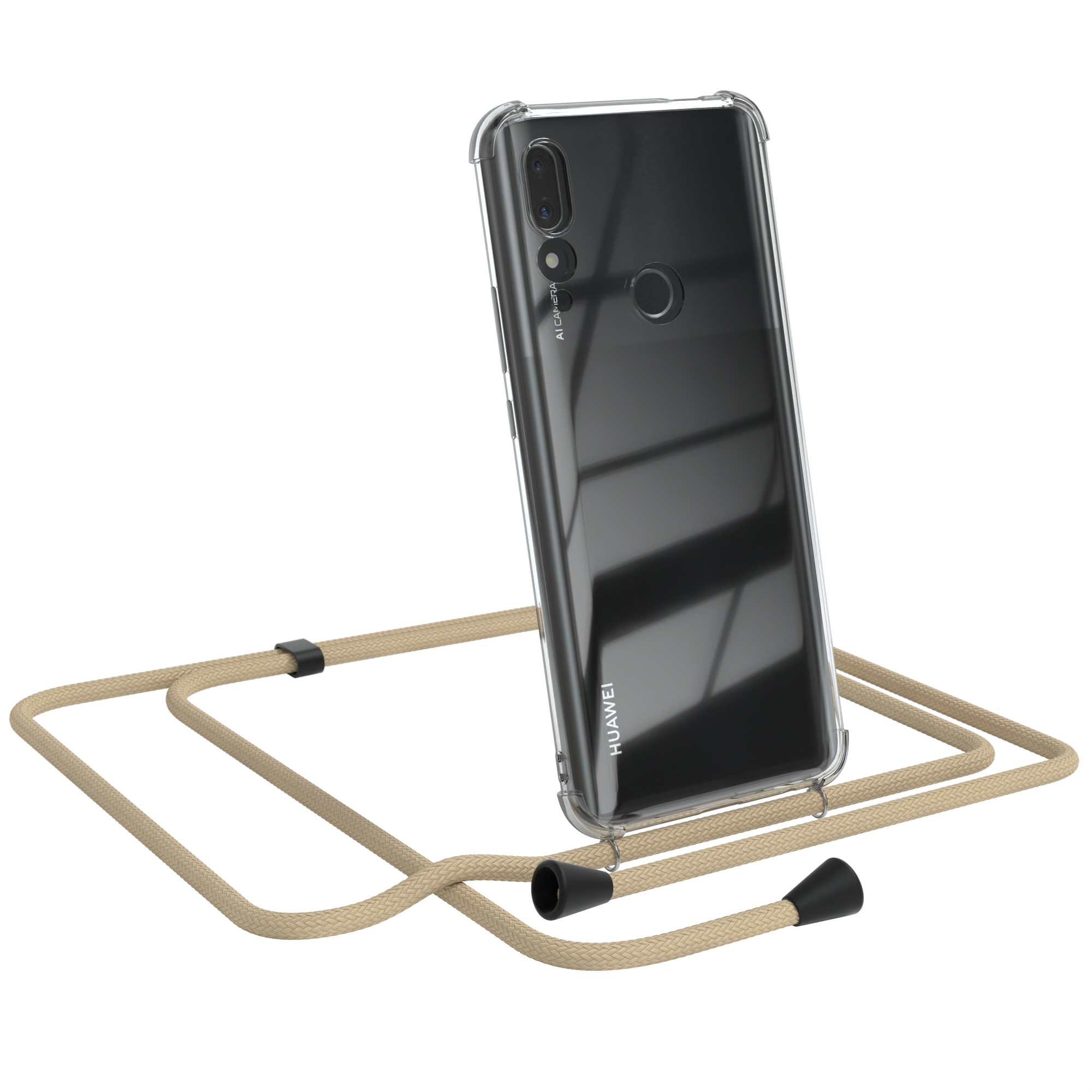 Huawei-Telefon in einer transparenten Hülle mit beigem Schlüsselband. Das Telefon ist auf weißem Hintergrund.