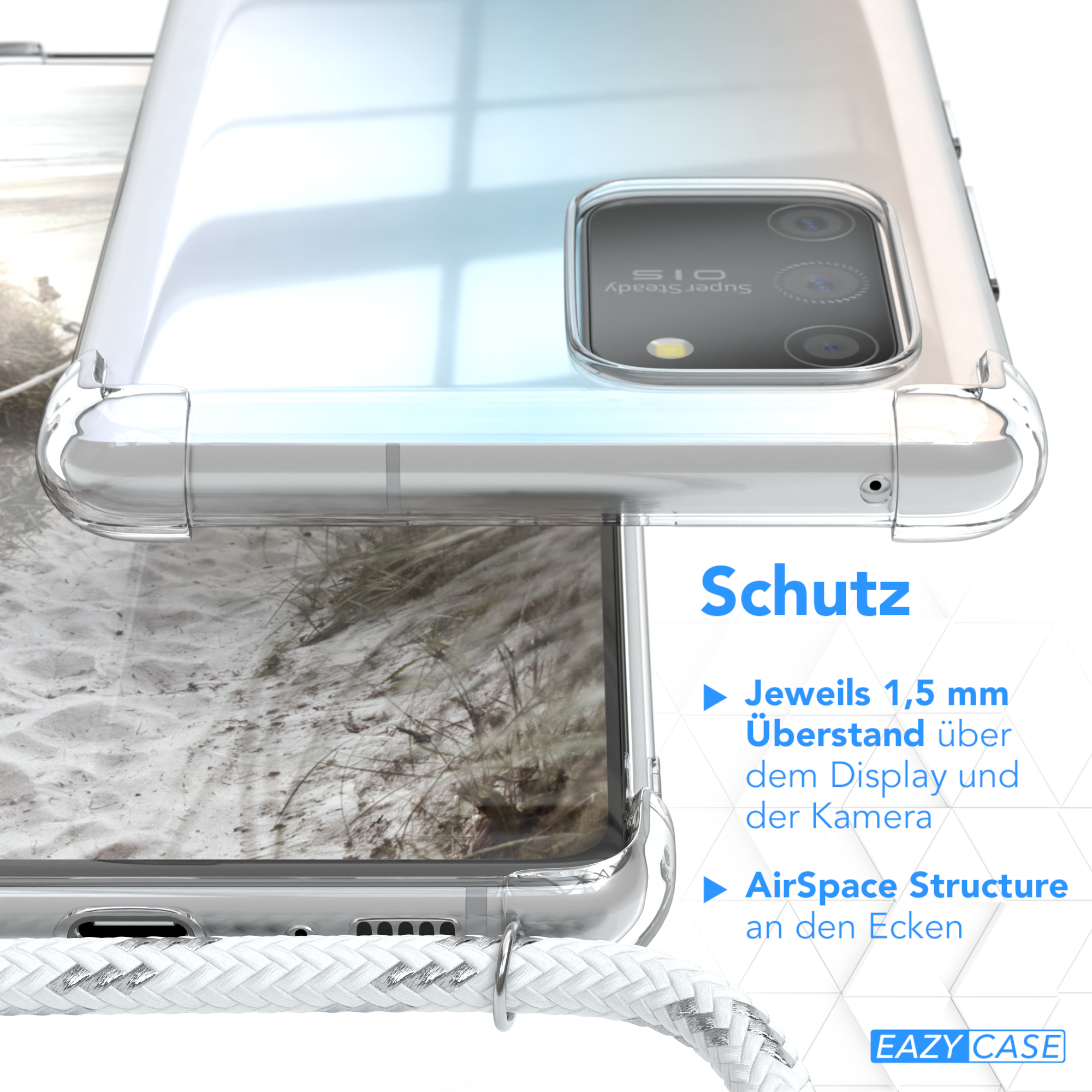 Weiß Cover Silber EAZY Lite, mit CASE Clear Samsung, Clips S10 Galaxy / Umhängetasche, Umhängeband,