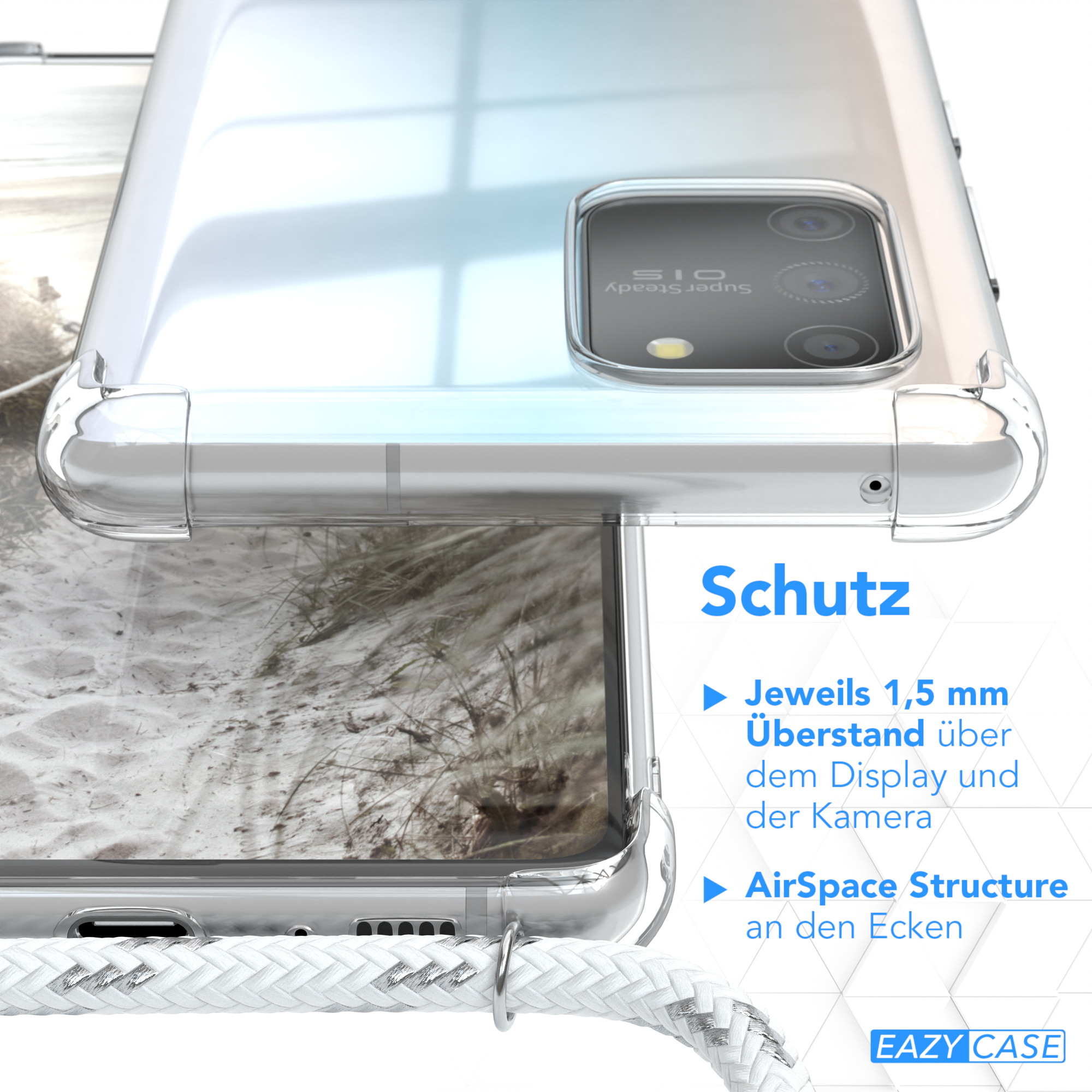 Klare Handyhülle schützt Telefon. Text: Schutz, AirSpace Structure, 1,5mm Display und Kamera.
