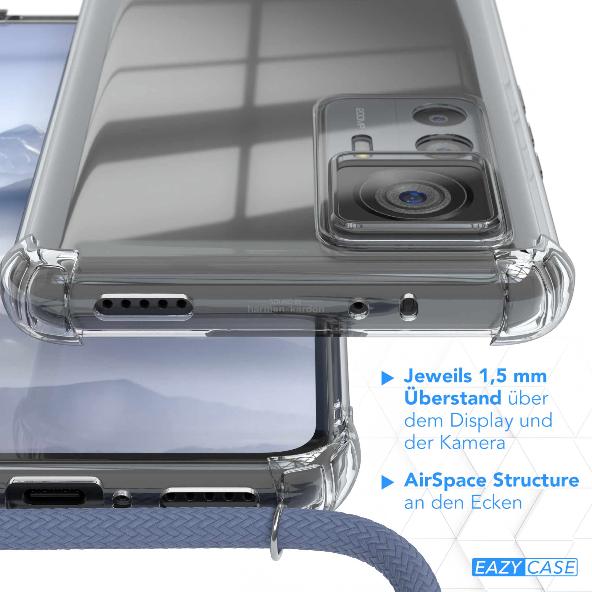 Transparente Handyhülle über einem anderen Telefon, mit blauem Kabel, Produktdetail.