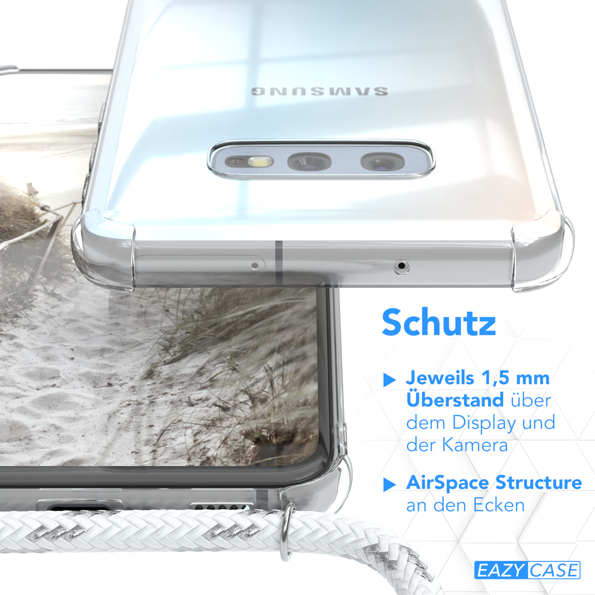 Umhängeband, Clips Weiß Galaxy Clear CASE / Umhängetasche, Cover mit Silber S10e, Samsung, EAZY