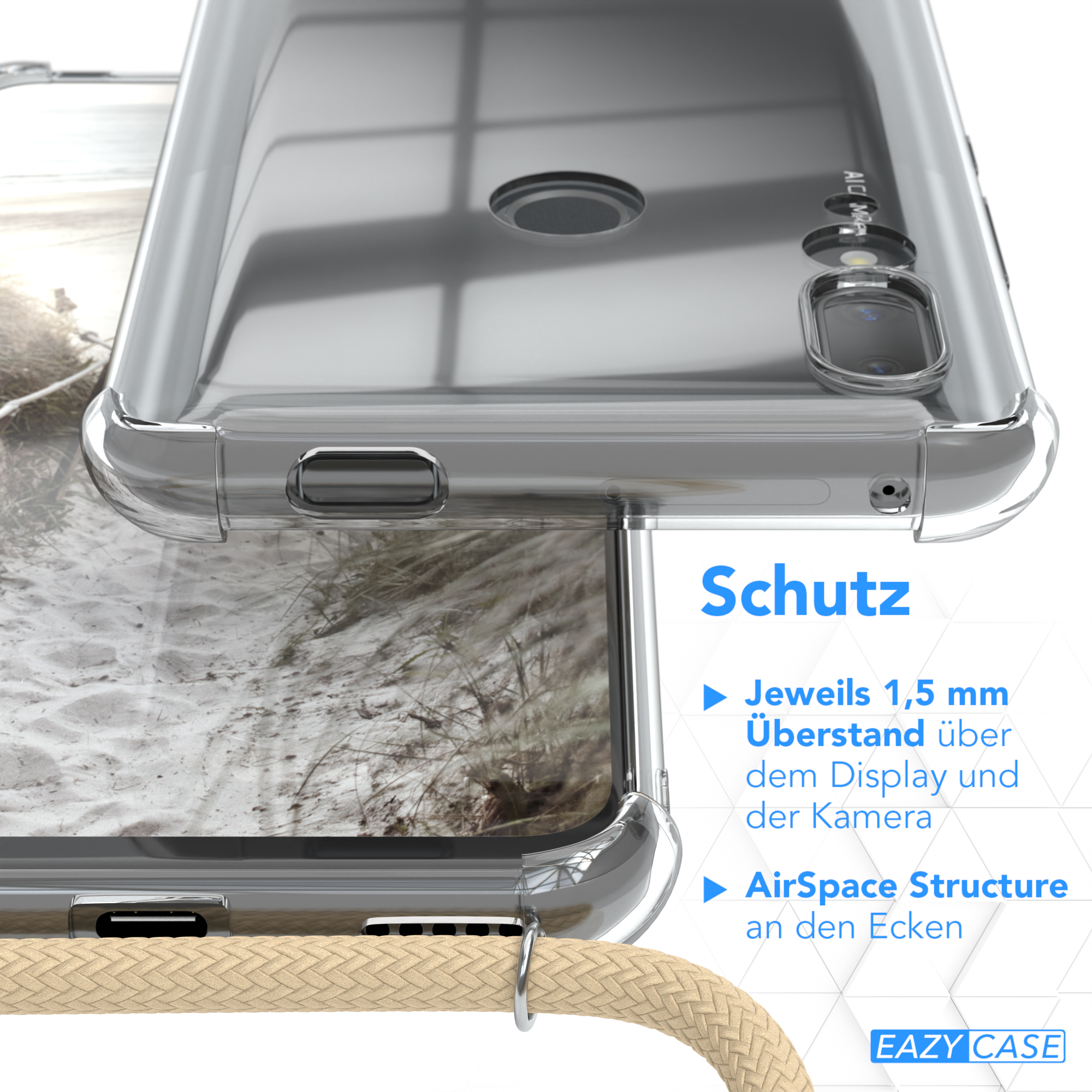 Nahaufnahme einer transparenten Handyhülle mit Text und Band.