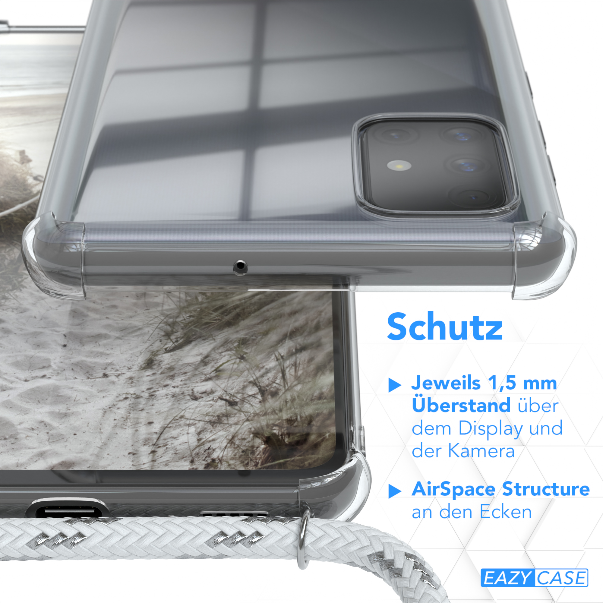Transparente Handyhülle mit weiß-grauem Seil. Text: Schutz, 1,5 mm über Display und Kamera.