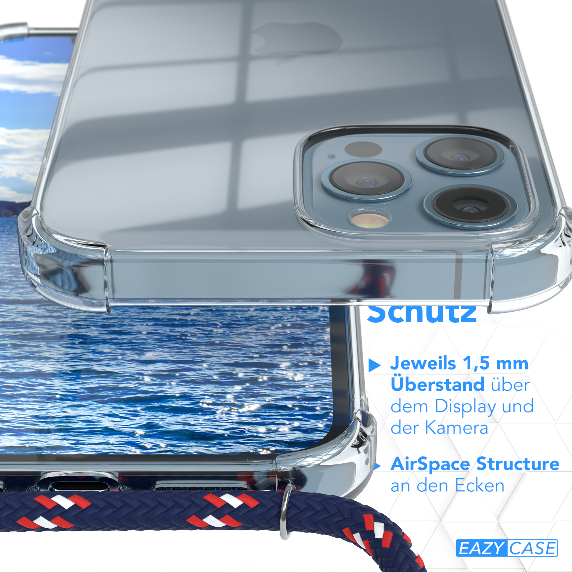 Klare Handyhülle auf einem Handy mit blauem Wasserhintergrund. Text auf dem Bild.