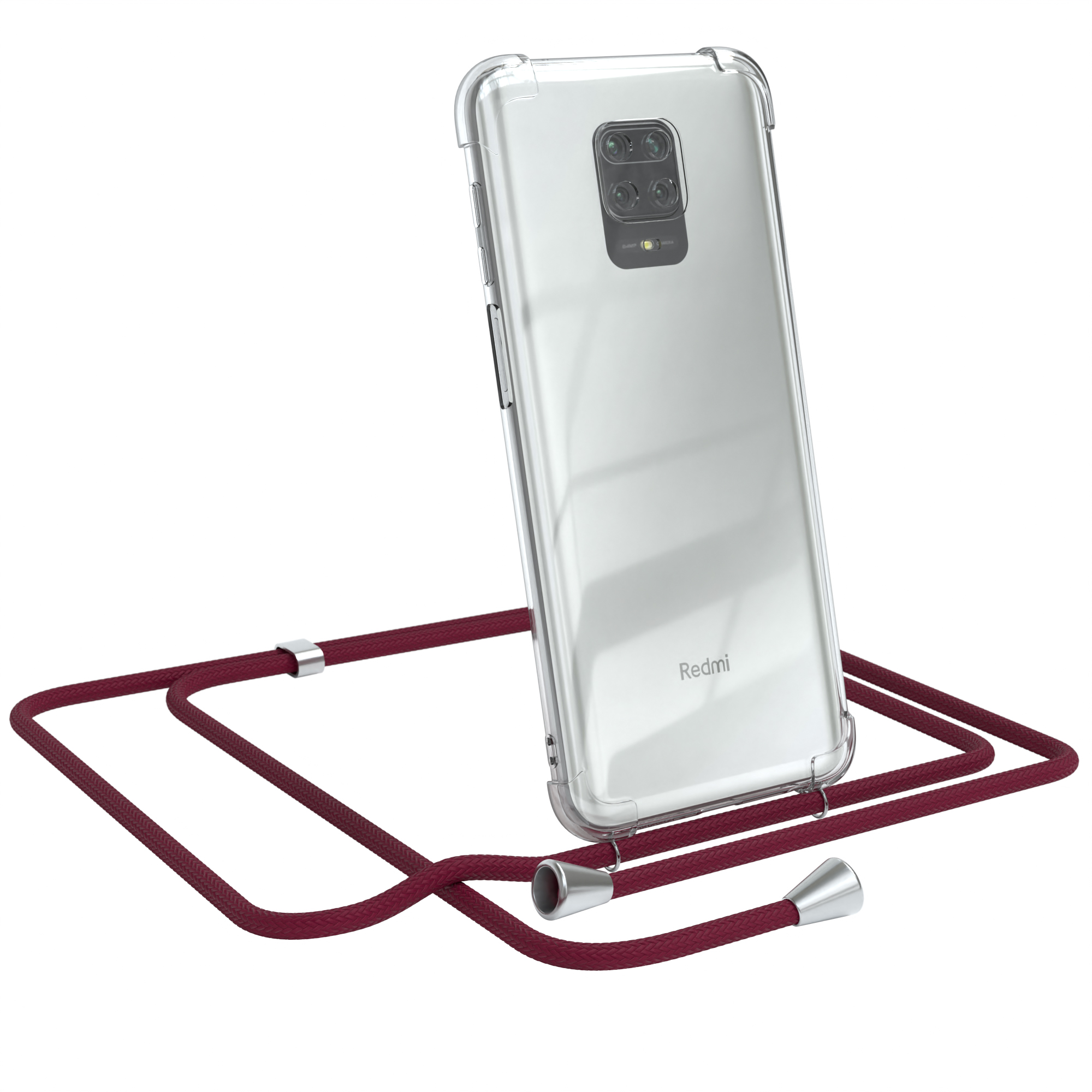 Transparente Handyhülle mit weinrotem Band. Ein Redmi-Telefon ist darin. Silberne Akzente an den Enden.