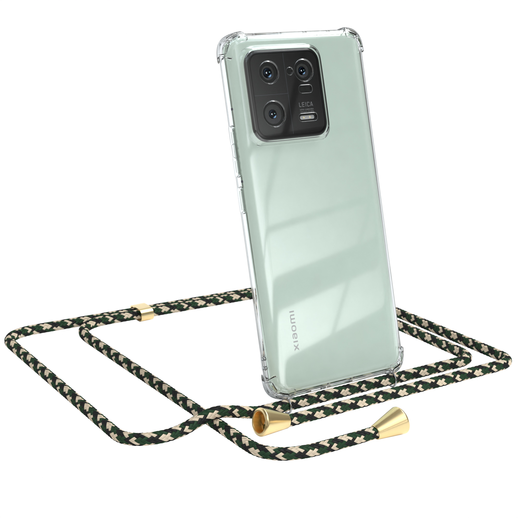 Grünes Telefon in klarer Hülle mit grün-schwarzem Schlüsselband. Mehrere Kameras.