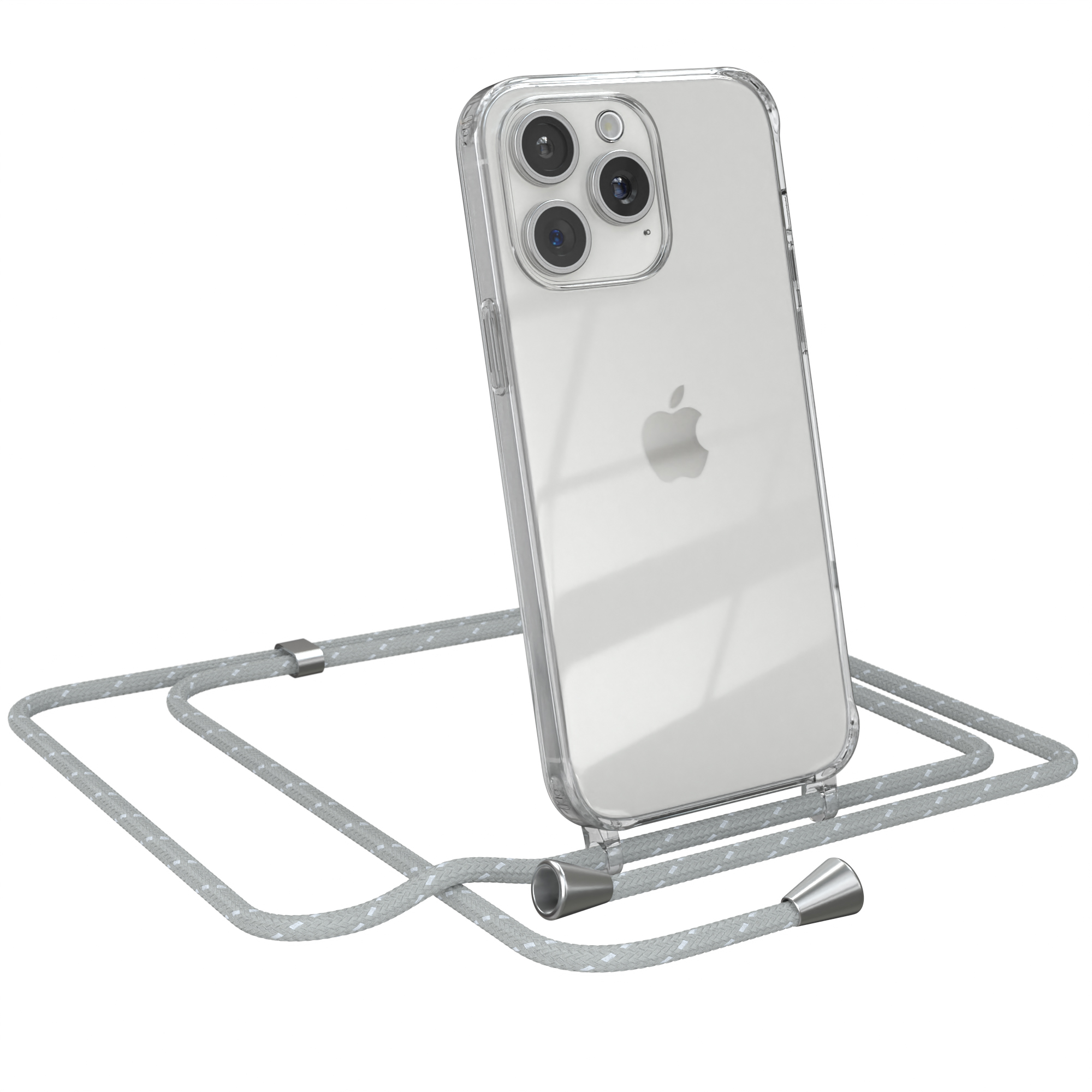 Transparente Handyhülle mit grauem Kordel. Apple-Telefon sichtbar. Weißer Hintergrund.