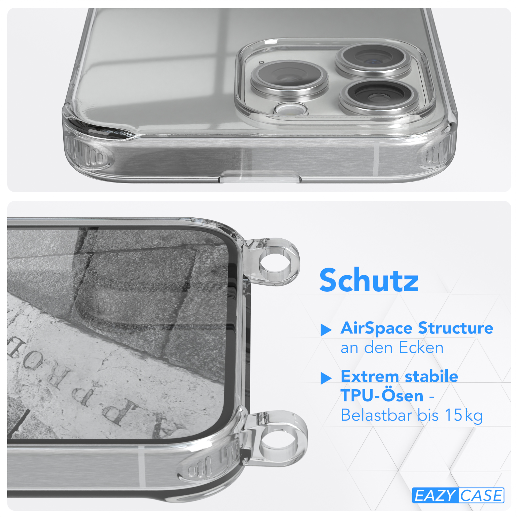Klare Handyhülle auf einem Telefon, Nahaufnahme. Merkmale: AirSpace Struktur und stabile TPU-Ösen.