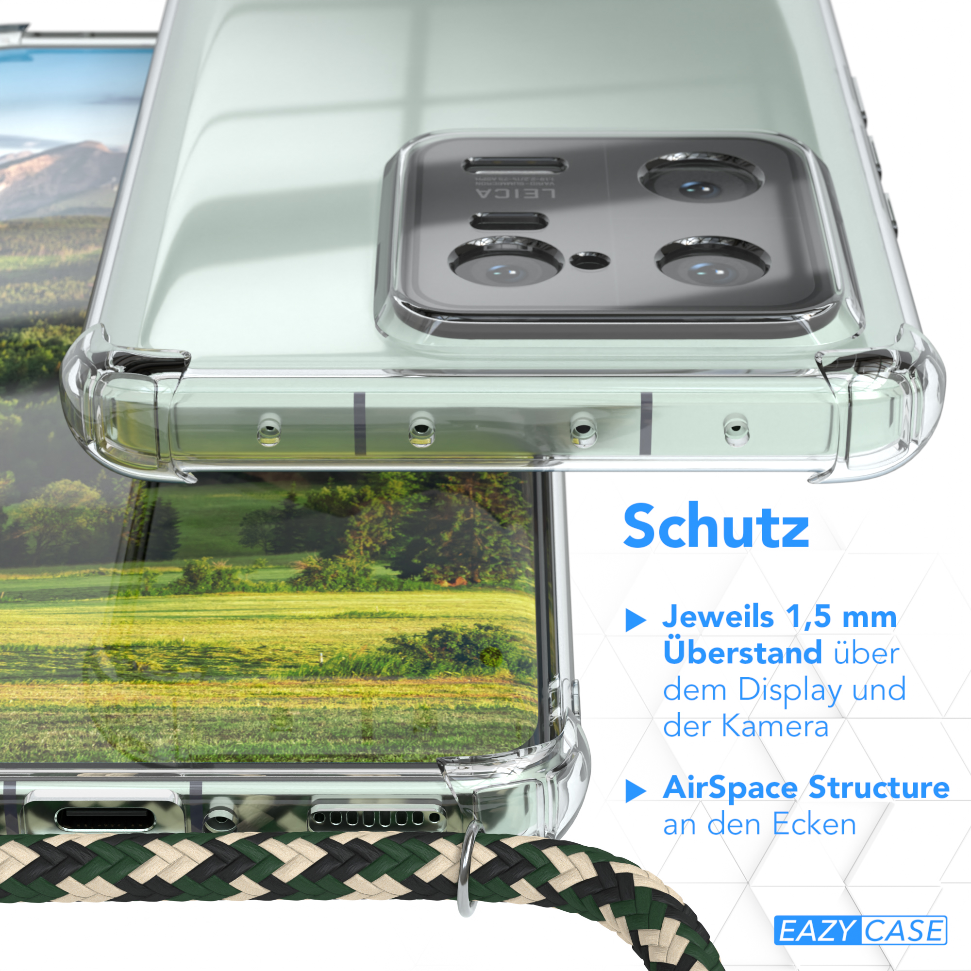 Nahaufnahme der Handyhülle mit Schutzfunktionen, grünem Feldhintergrund und Umhängeband.