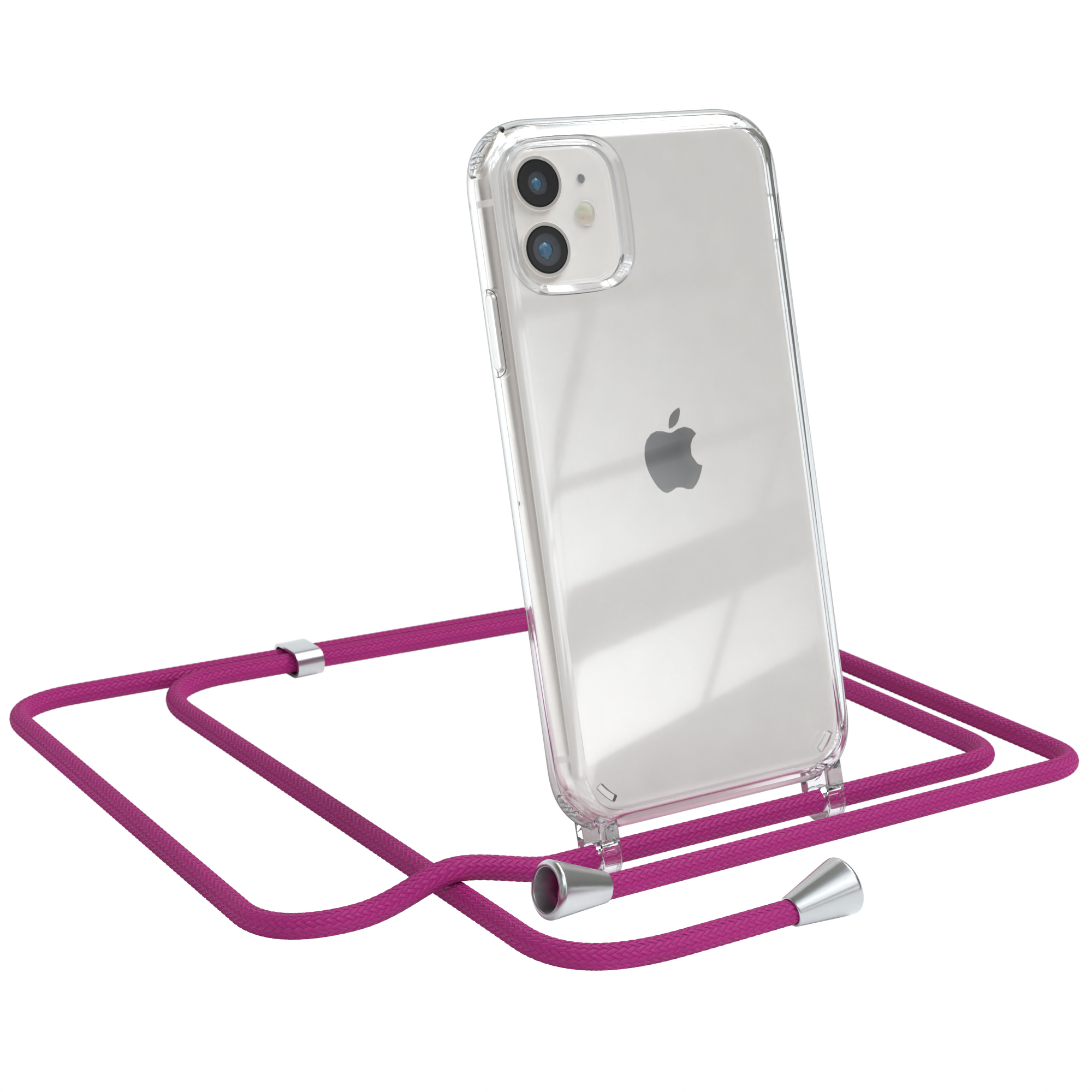 Transparente Handyhülle mit lila Kordel. iPhone mit Apple-Logo.