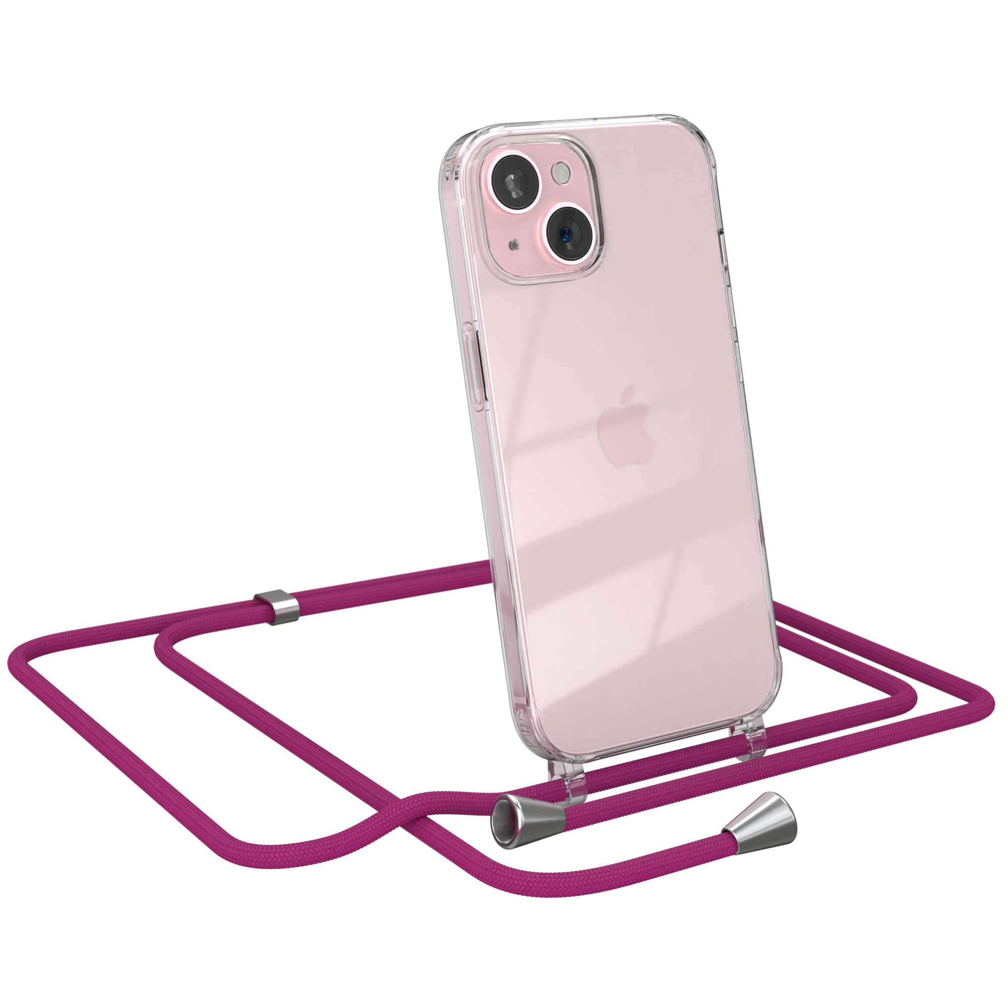 Eine transparente Handyhülle auf einem iPhone mit einer rosa Schnur.
