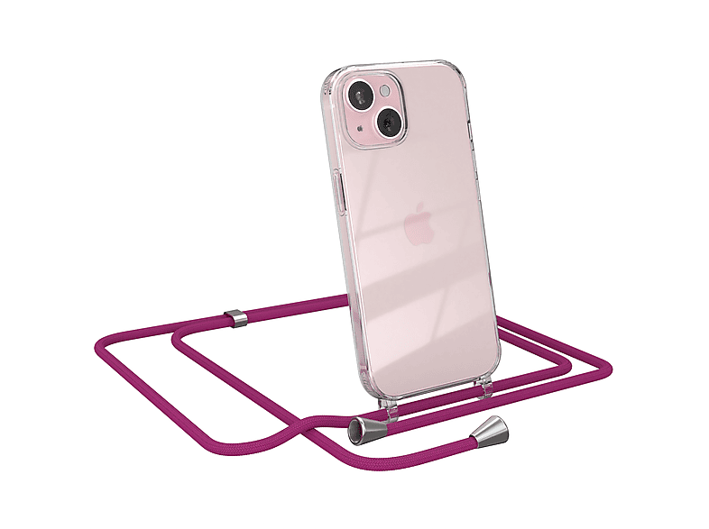 Apple, Pink mit CASE Cover Umhängeband, 15, Silber EAZY Clips iPhone Umhängetasche, / Clear
