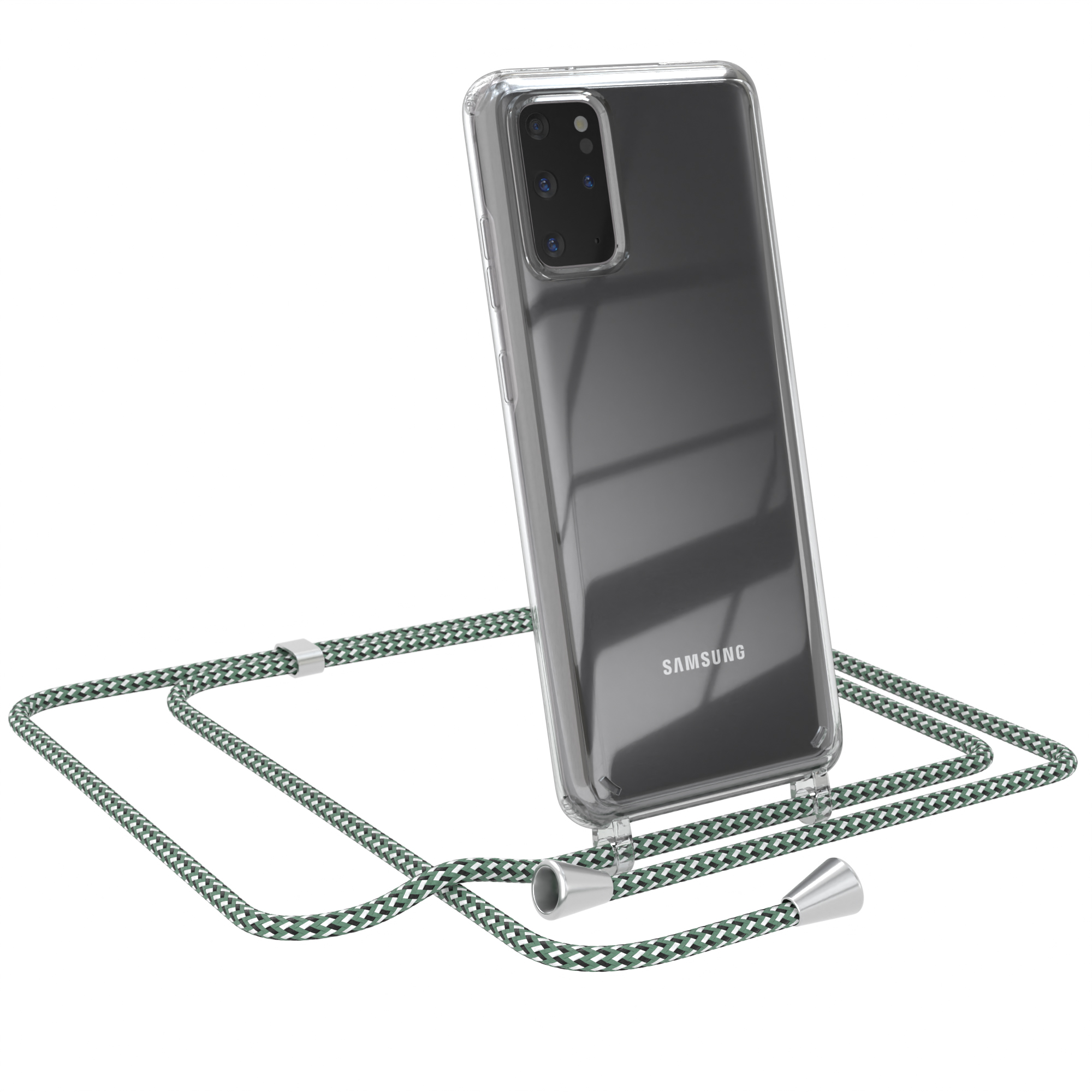 Transparente Handyhülle mit grünem Umhängeband. Das Telefon zeigt ein Samsung-Logo.
