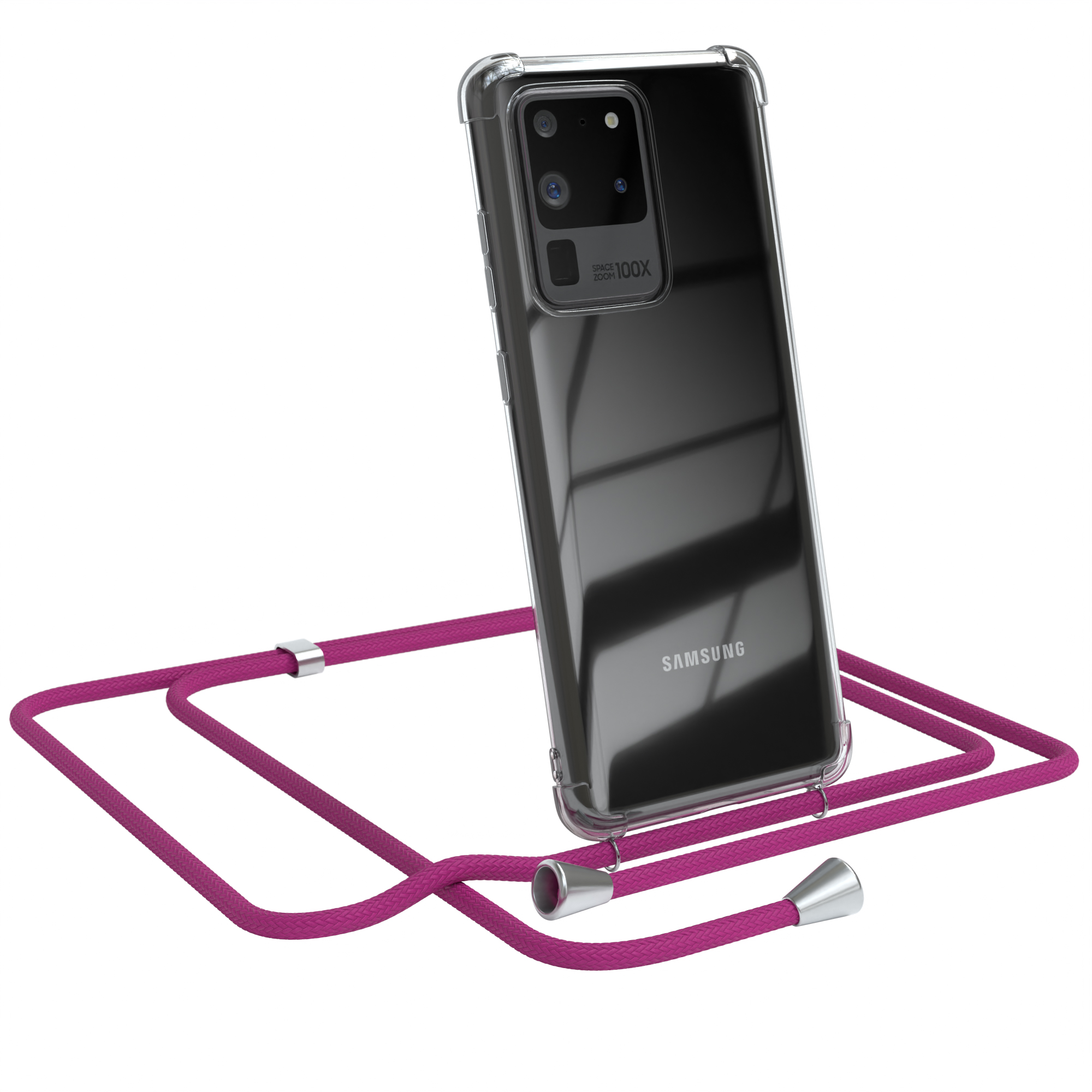Samsung, Clips 5G, Galaxy EAZY mit Ultra Cover CASE S20 Silber Umhängetasche, Clear Ultra / S20 / Umhängeband, Pink
