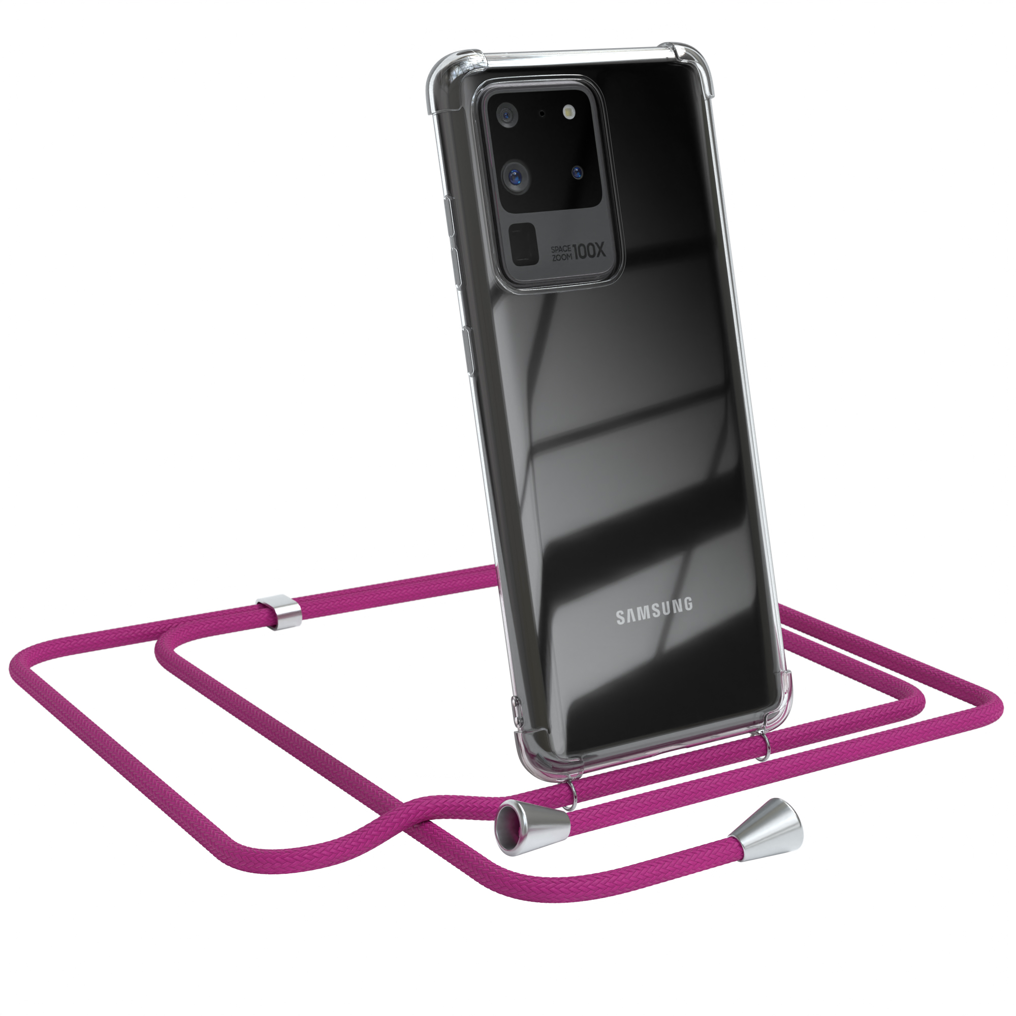 Transparente Handyhülle mit pinkfarbenem Lanyard auf weißem Hintergrund. Samsung-Handy ist sichtbar.
