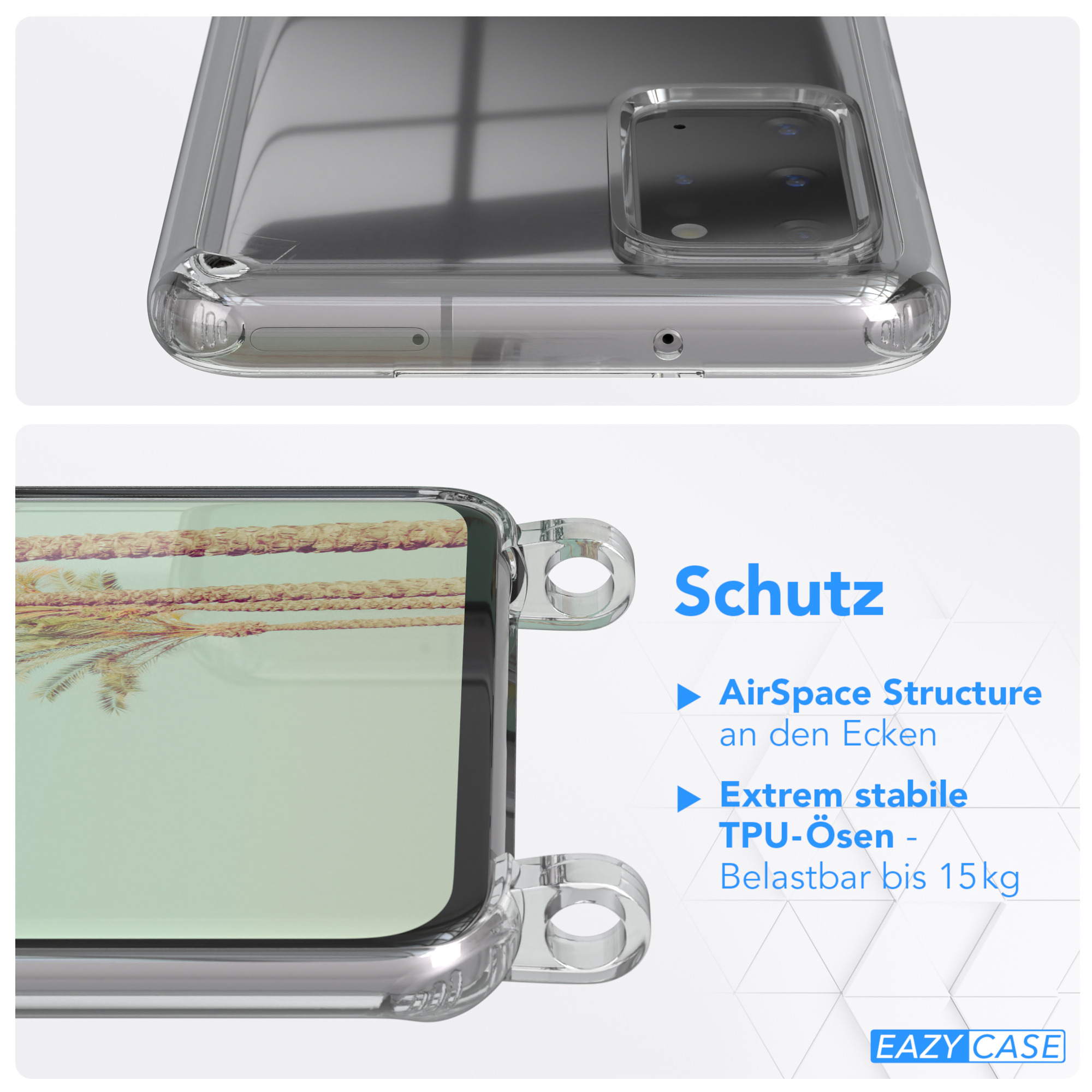 Nahaufnahme der Handyhülle mit Text, der Funktionen angibt. EAZY CASE Logo unten.