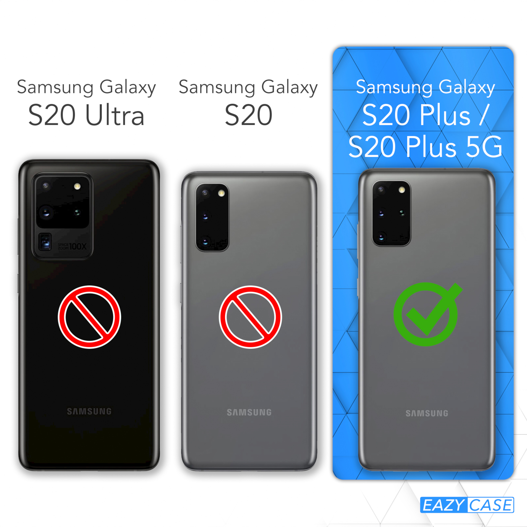 Drei Samsung Galaxy-Telefone. Zwei haben rote Verbotskreise, eines ein grünes Häkchen.