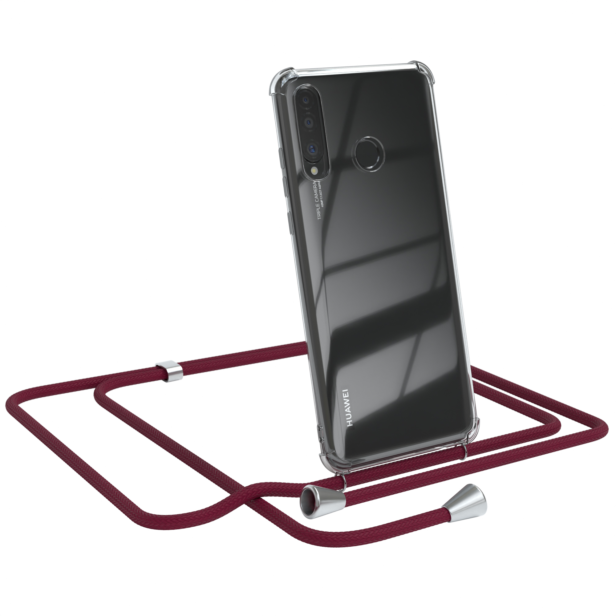 EAZY CASE Clear Cover mit P30 Umhängeband, Silber Huawei, Clips / Umhängetasche, Rot Bordeaux Lite