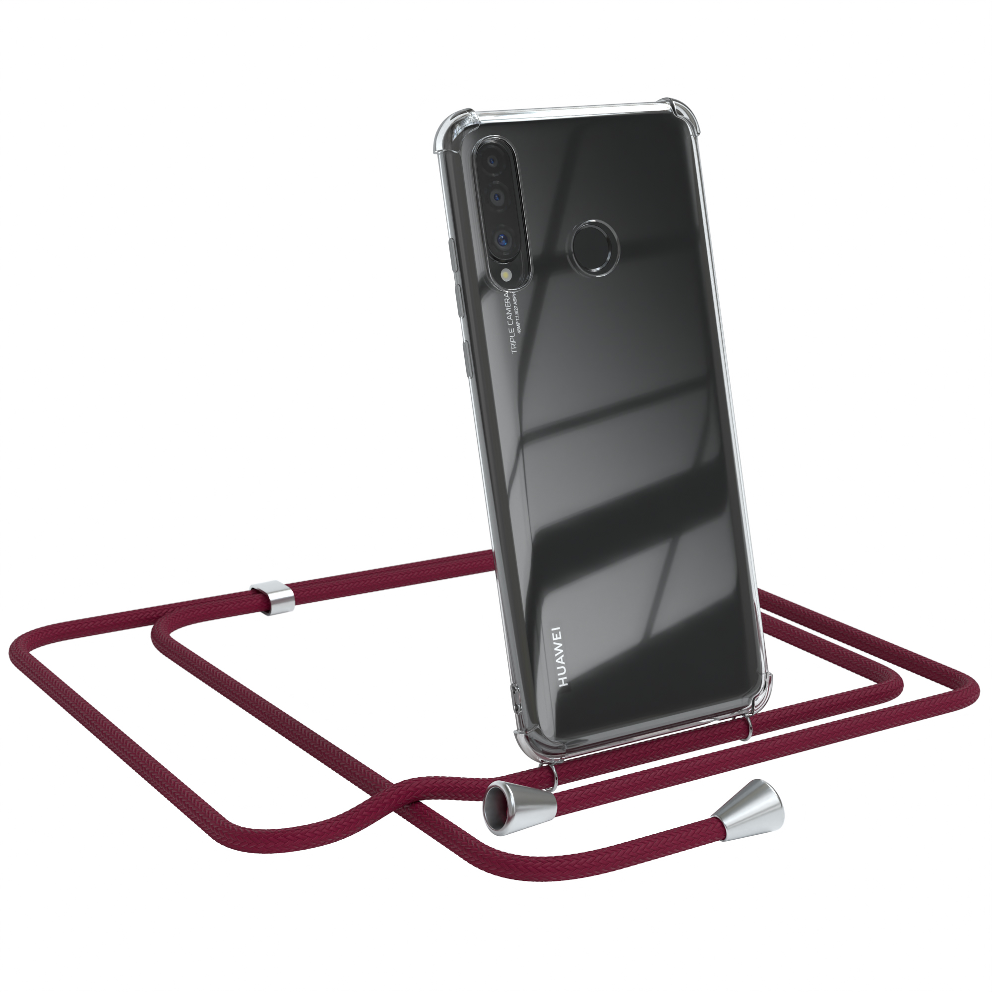 Schwarzes Telefon mit klarer Hülle und bordeauxfarbenem Kabel. Marke Huawei.