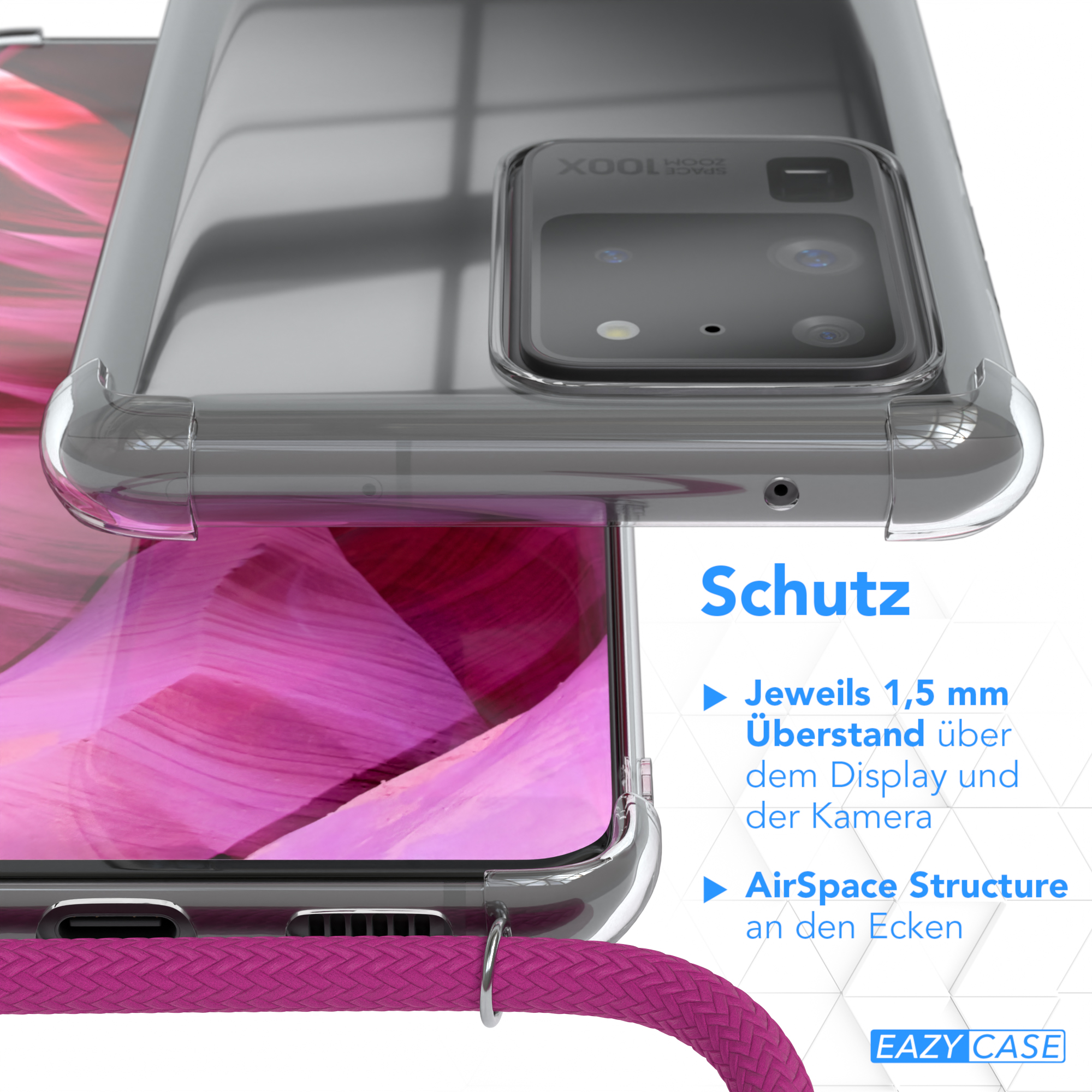Eine transparente Handyhülle, die Schutzdetails zeigt, und ein rosa Lanyard.