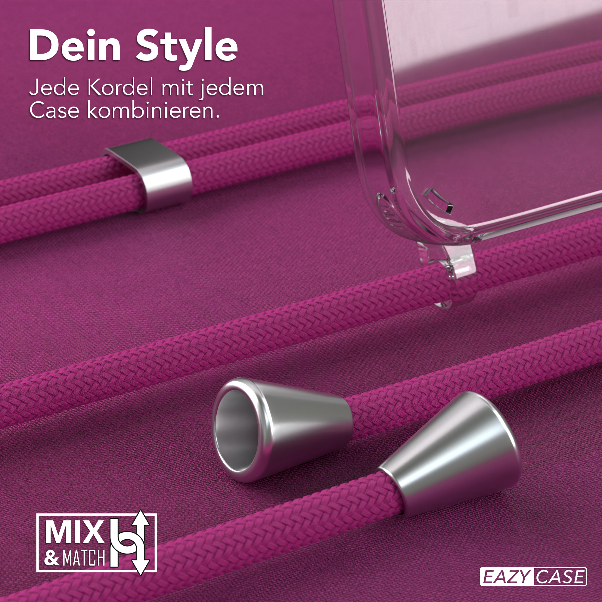 EAZY CASE Clear Cover 15, Silber mit / iPhone Pink Apple, Umhängetasche, Clips Umhängeband