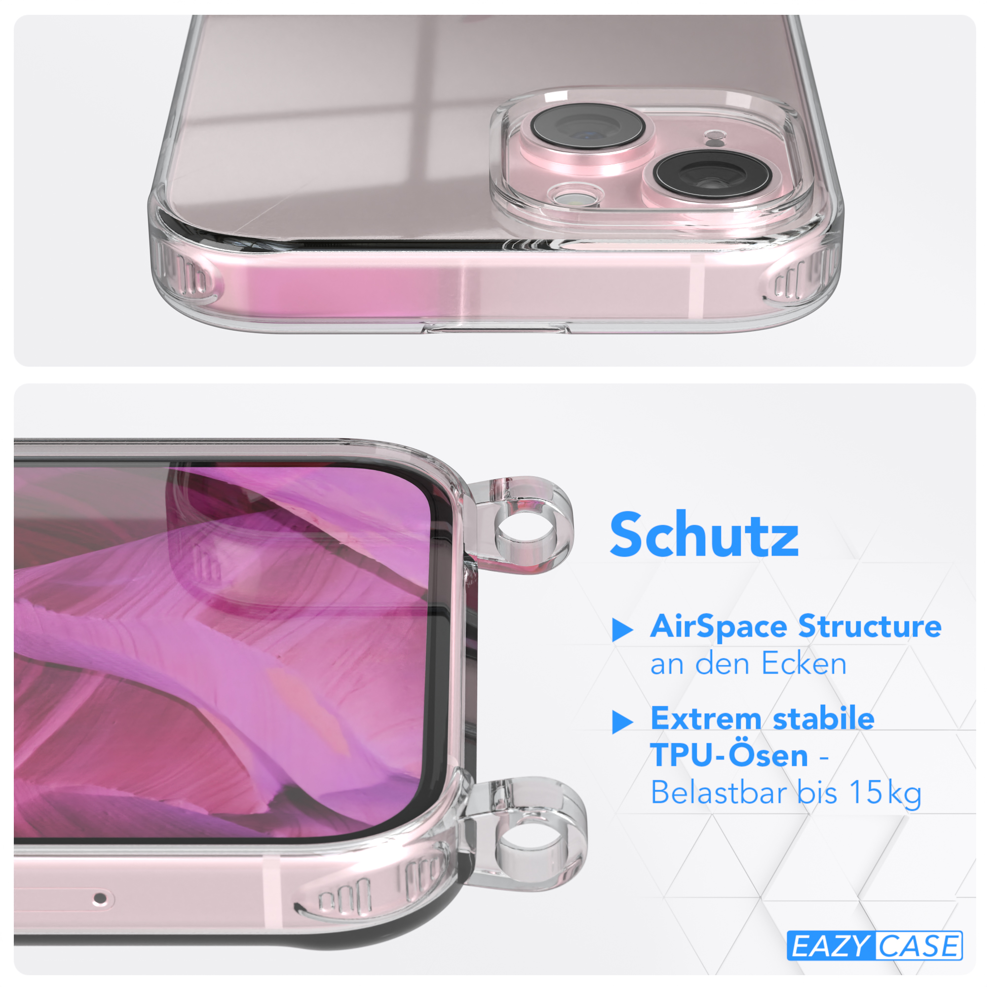 EAZY CASE Pink Apple, Umhängeband, Umhängetasche, Clips iPhone Silber / 15, Clear Cover mit