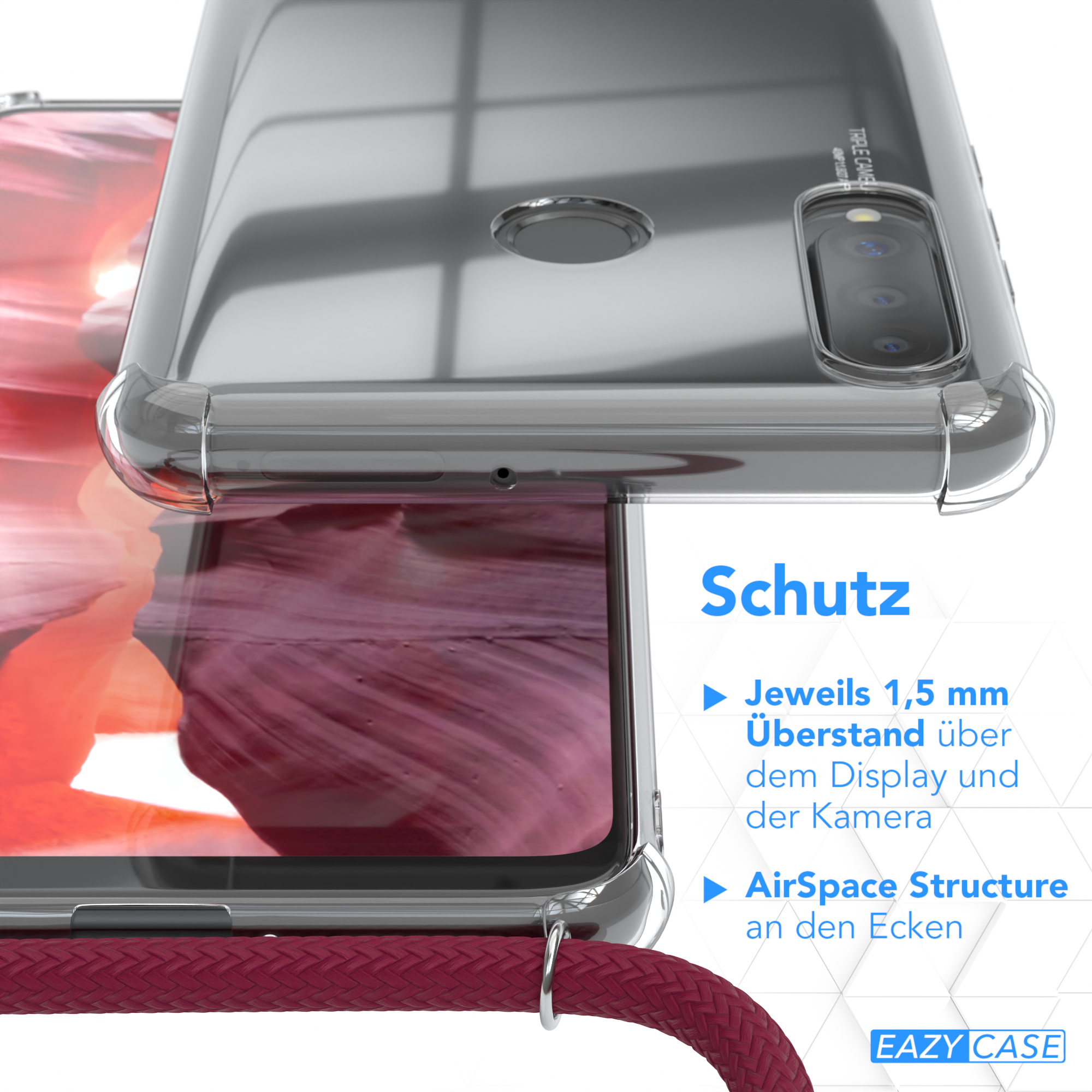 EAZY CASE Clear Cover mit P30 Umhängeband, Silber Huawei, Clips / Umhängetasche, Rot Bordeaux Lite