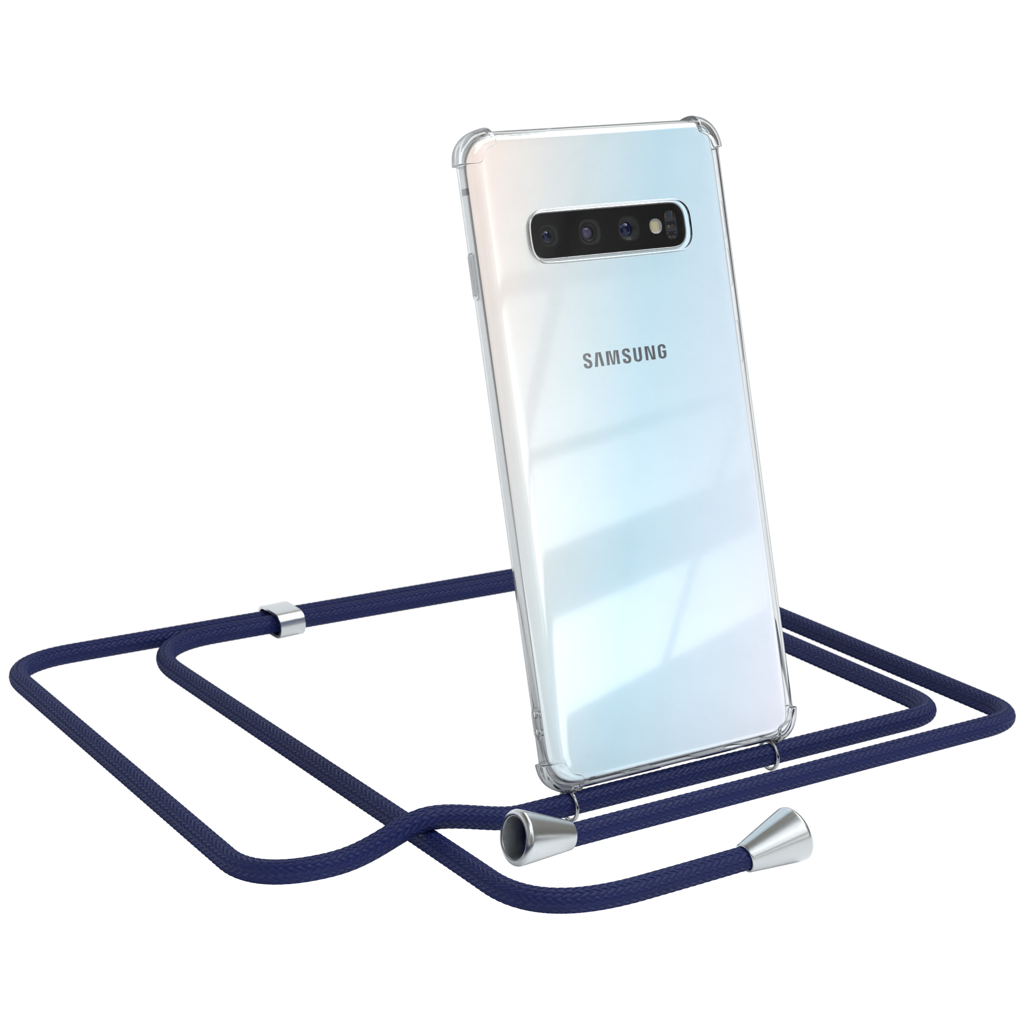 Transparente Handyhülle mit dunkelblauem Umhängeband. Samsung-Logo. Vor weißem Hintergrund.