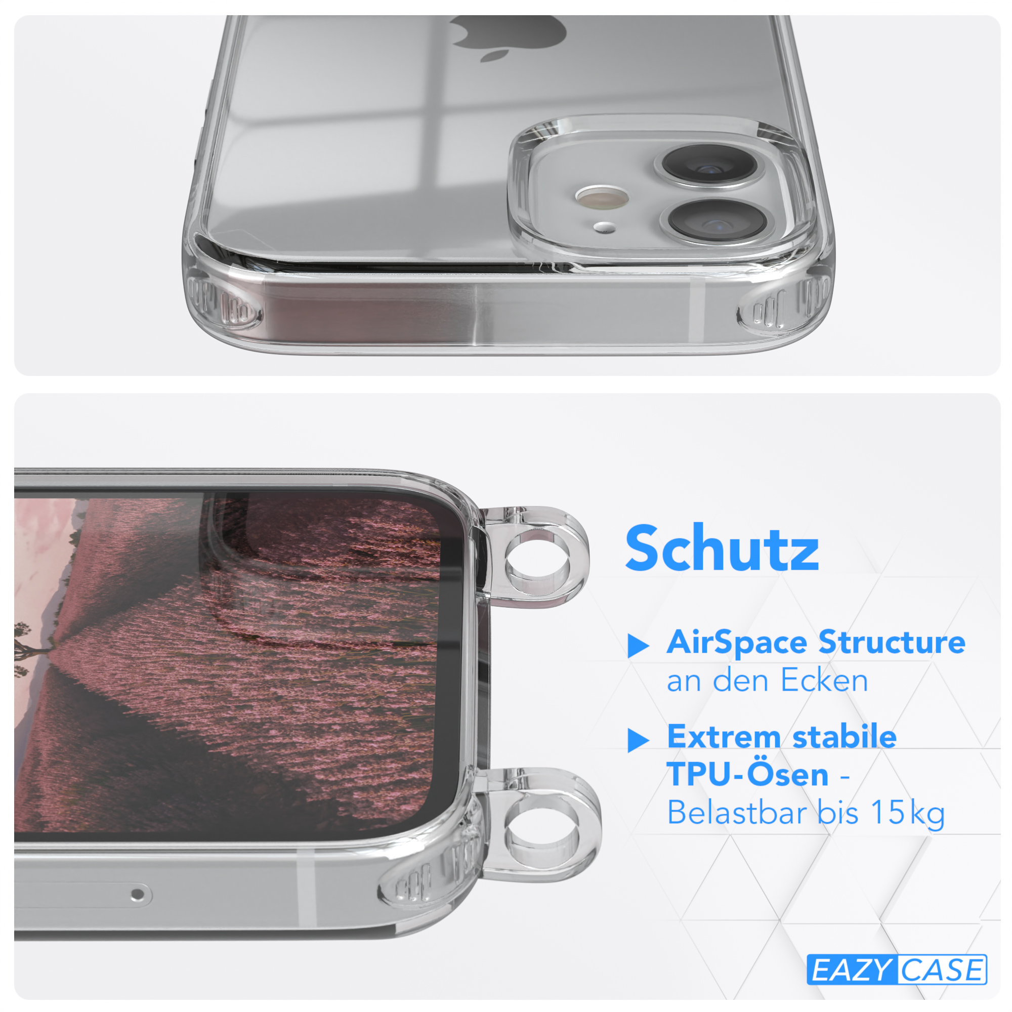 Nahaufnahme einer durchsichtigen Handyhülle. Die Hülle befindet sich um ein Telefon. Der Text ist sichtbar.