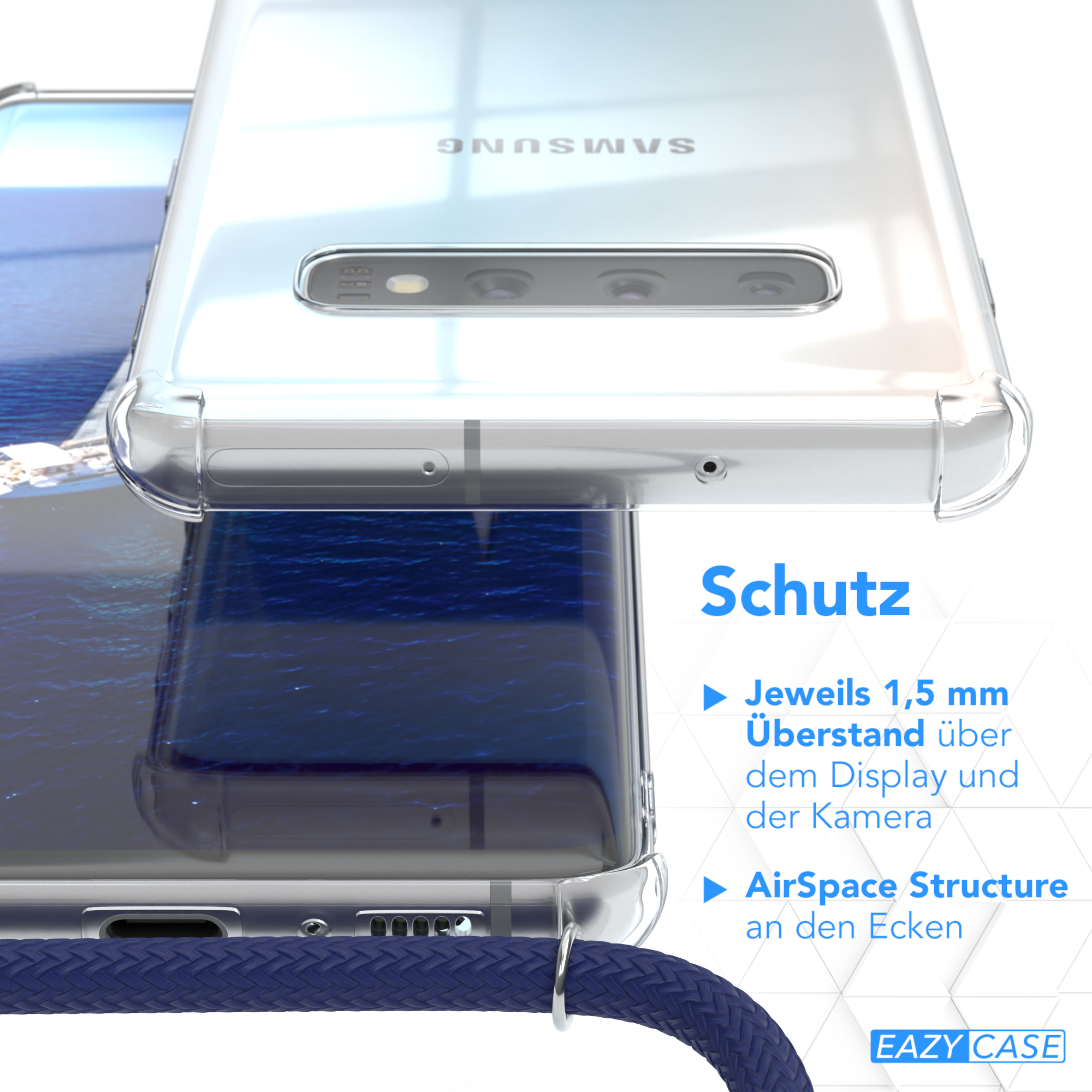 Nahaufnahme einer Handyhülle über einem Telefon. Textdetails zur Schutzfunktion. Eazy Case Logo.