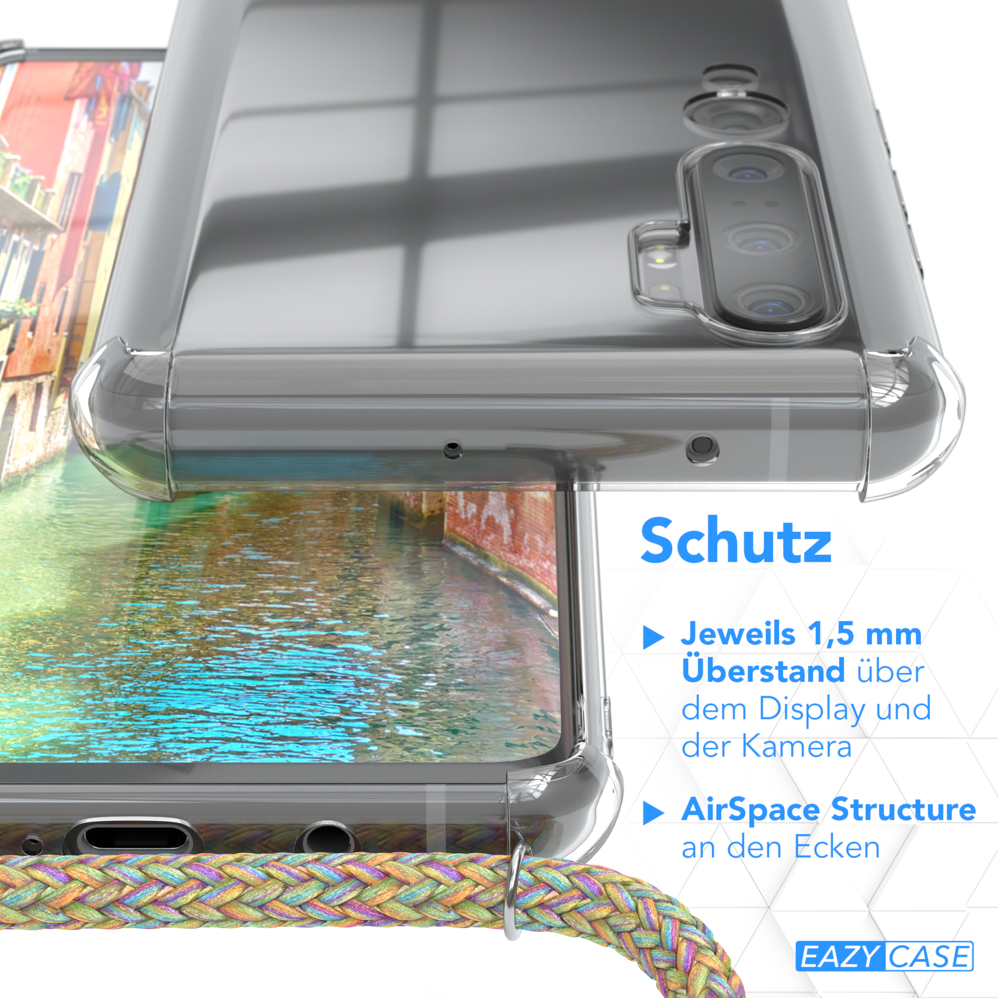 Telefongehäusedetail. Klare Hülle schützt das Telefon. Mehrfarbige Kordel.