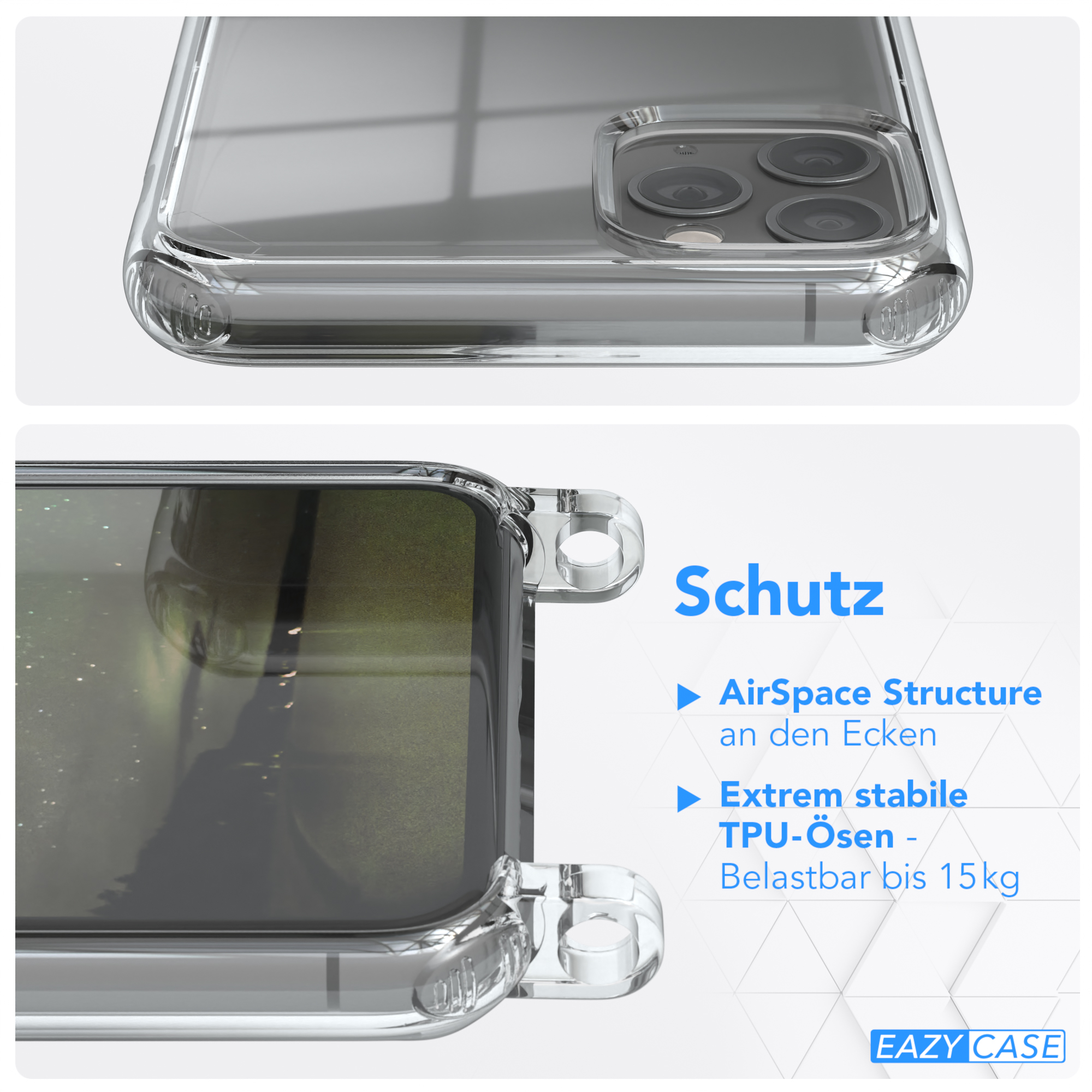 Transparente Handyhülle mit Text über Schutz.