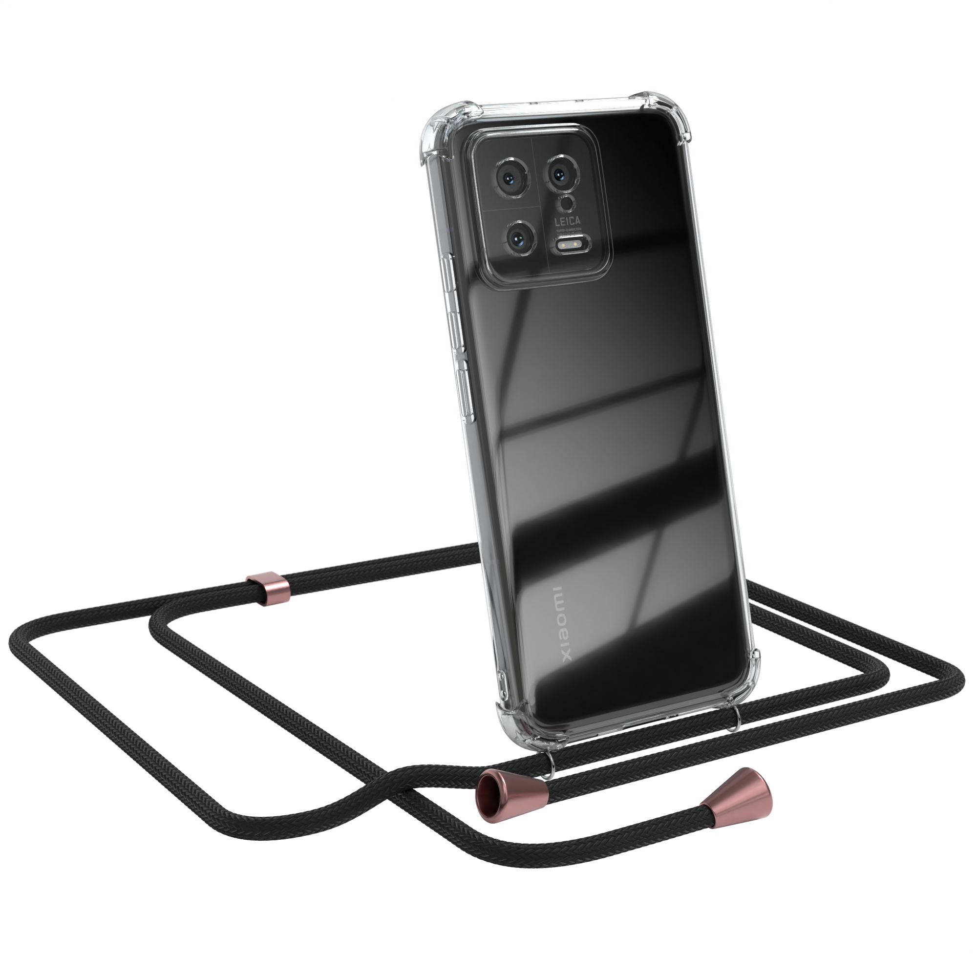 Ein Telefon in einer transparenten Hülle mit schwarzem Lanyard. Xiaomi-Logo sichtbar. Weißer Hintergrund.