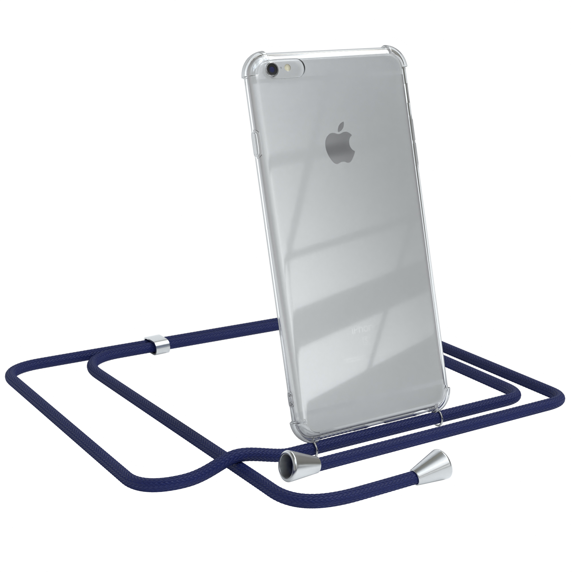 Klare Handyhülle mit blauem Kabel. iPhone mit Apple-Logo. Weißer Hintergrund.