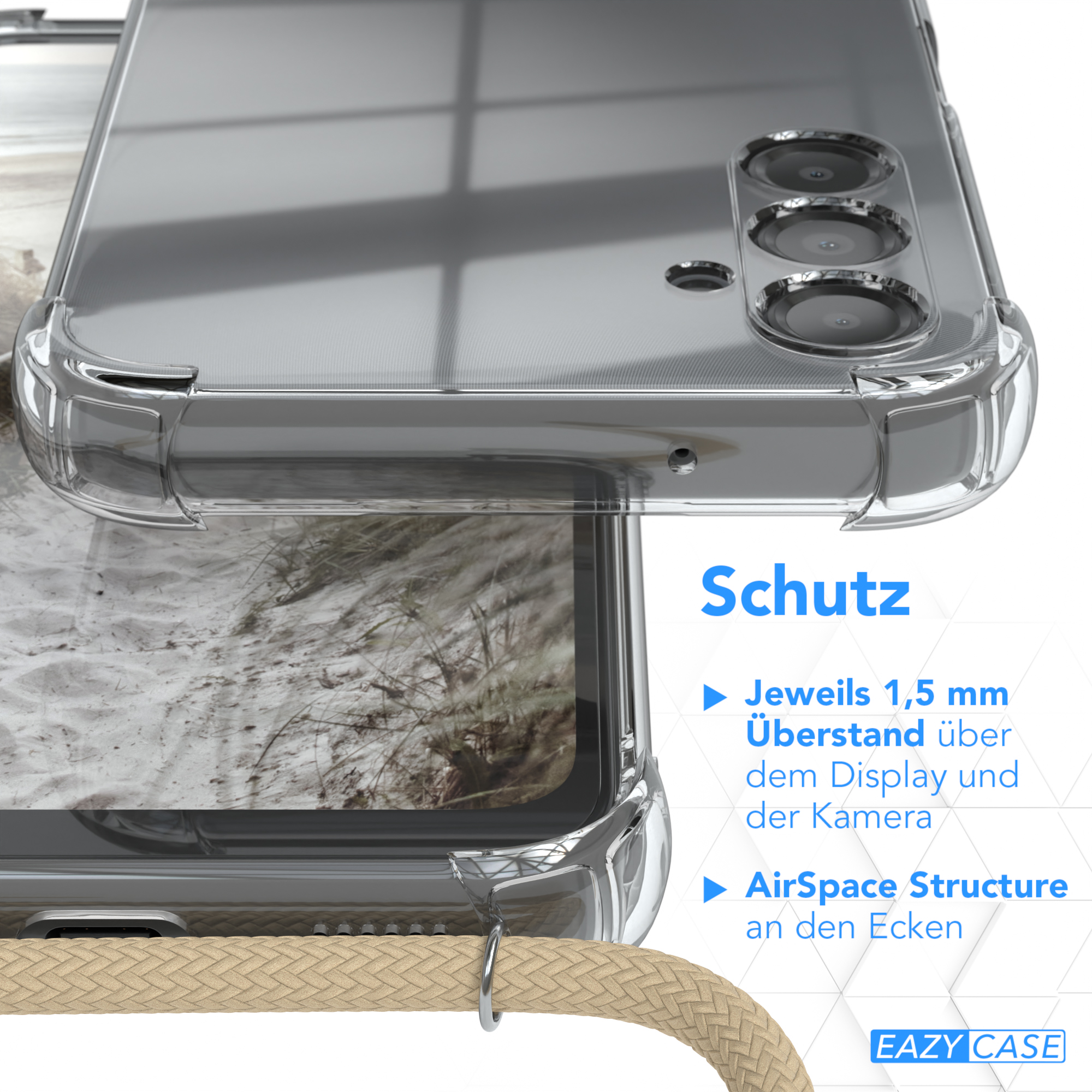 Transparente Handyhülle mit beigem Band, Nahaufnahme der Telefonmerkmale.