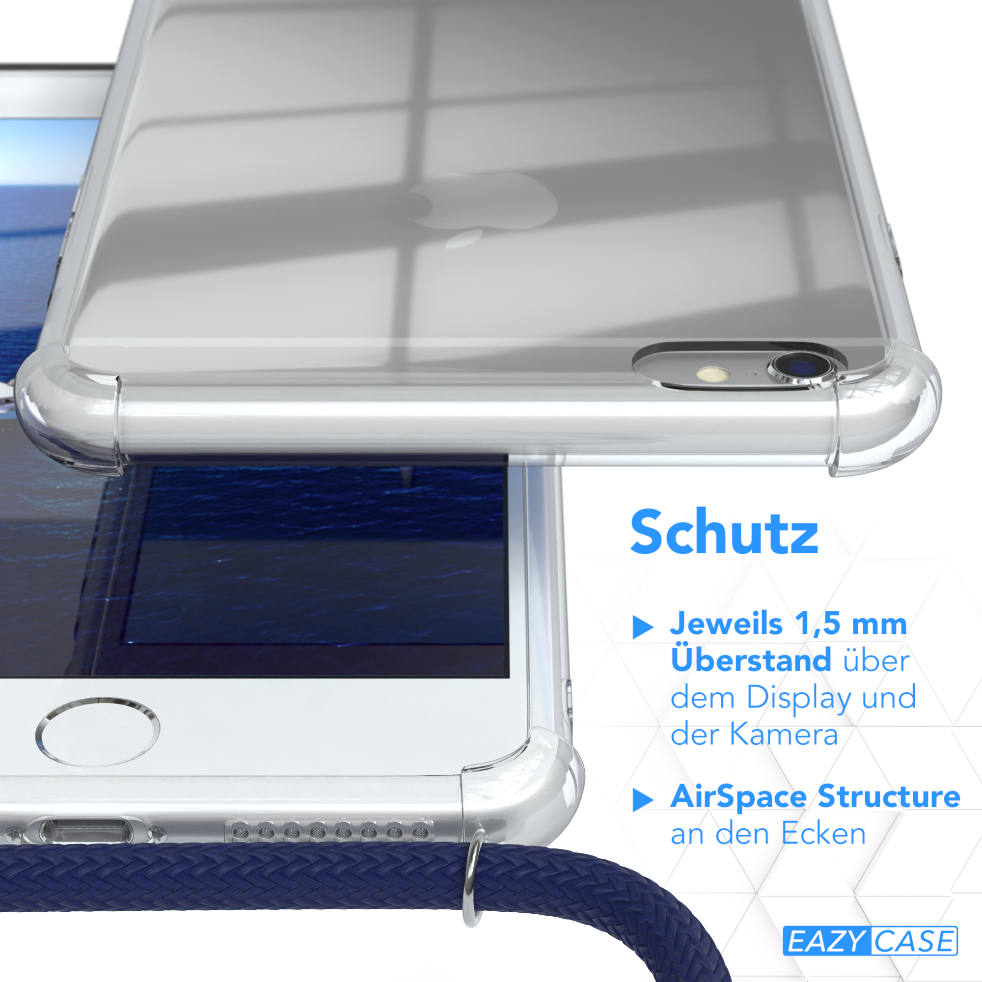/ Umhängeband, mit Clips Silber iPhone Cover Apple, EAZY Umhängetasche, CASE 6 6S / Clear Plus, Plus Blau