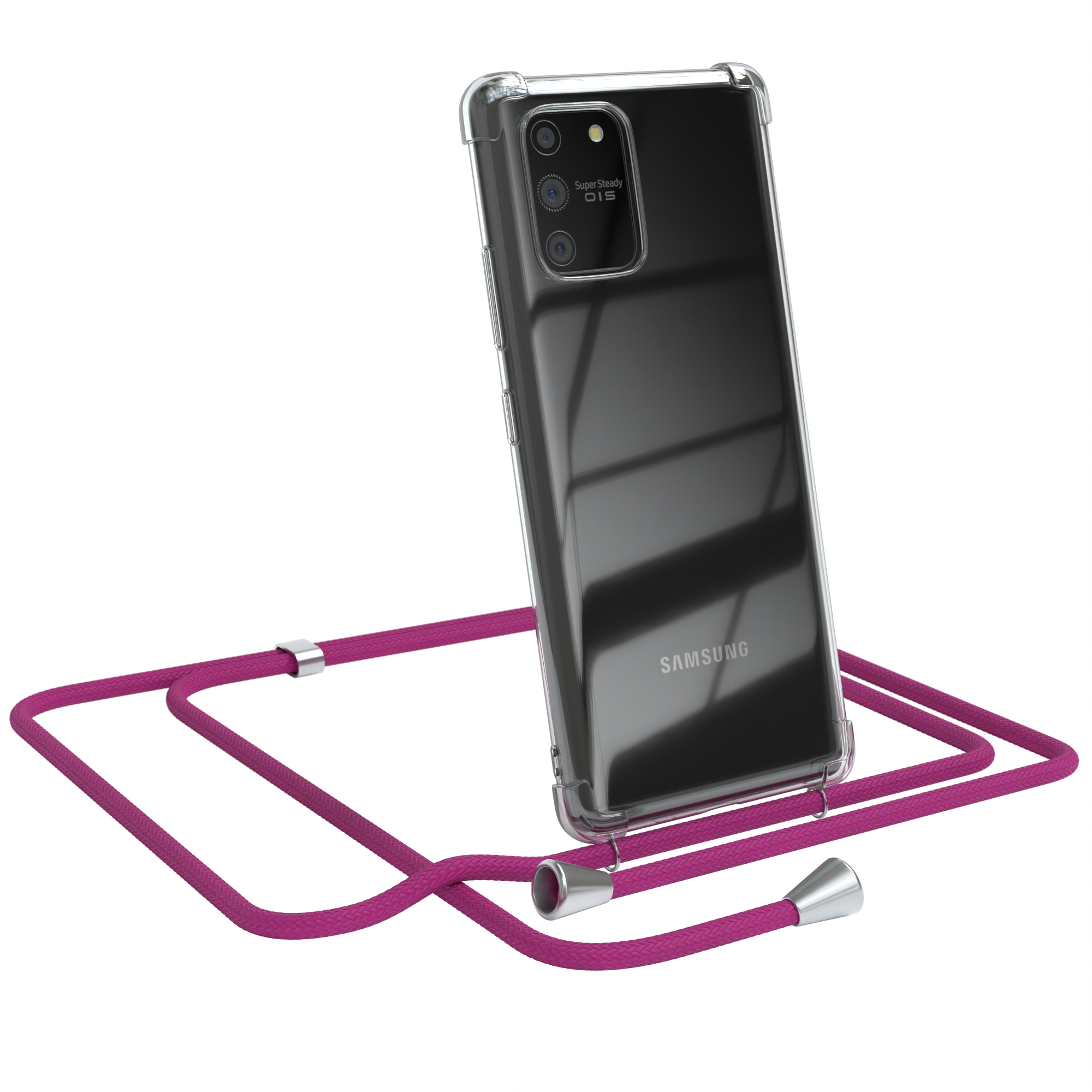 Samsung-Telefon in klarer Hülle mit pinkfarbenem Lanyard. Weißer Hintergrund.