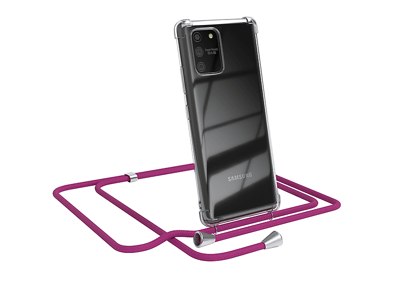 EAZY CASE Clear Cover mit Umhängeband, Umhängetasche, Samsung, Galaxy S10 Lite, Pink / Clips Silber | Handyketten