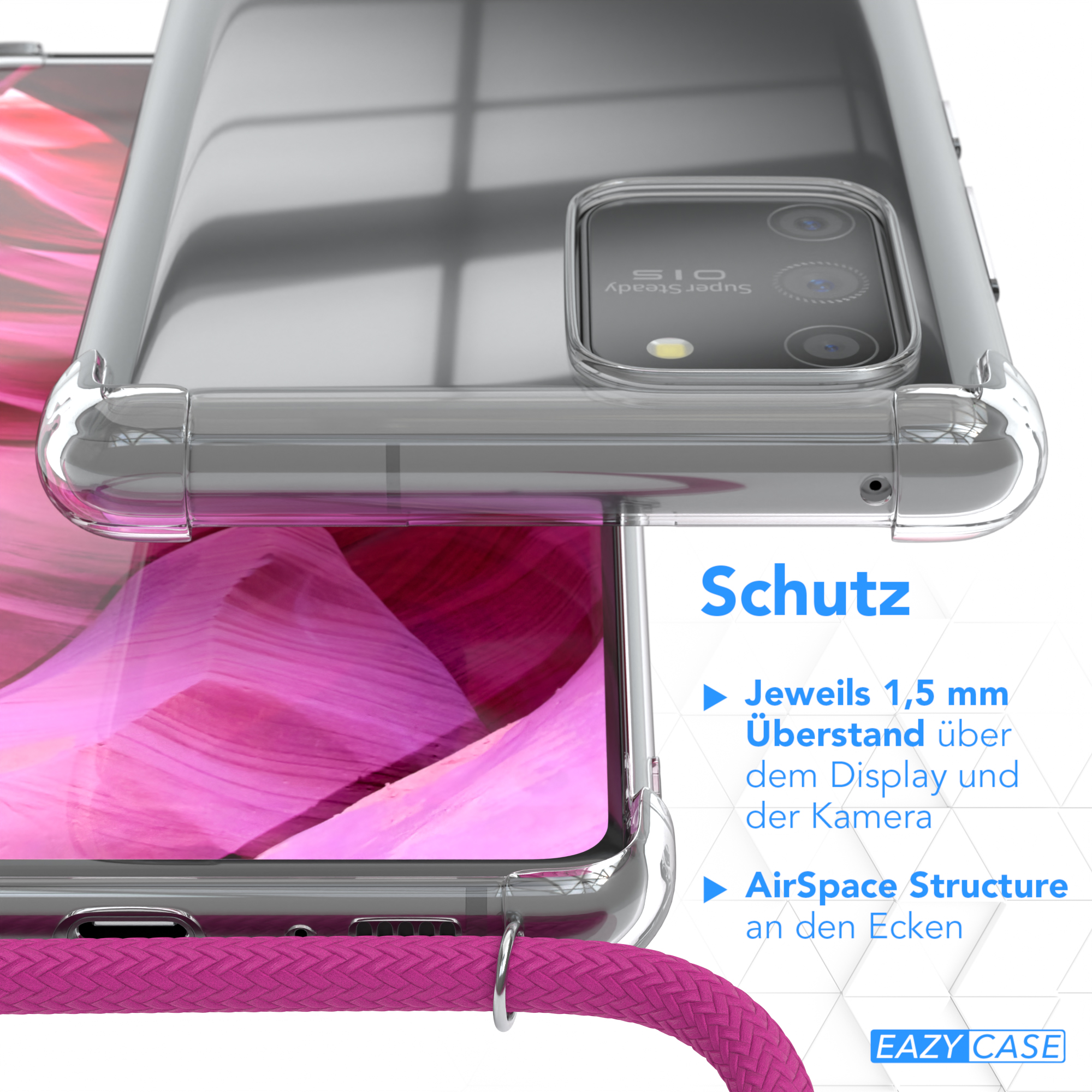 Transparente Handyhülle auf rosa Oberfläche mit Text. Die Hülle hat erhöhte Ränder.