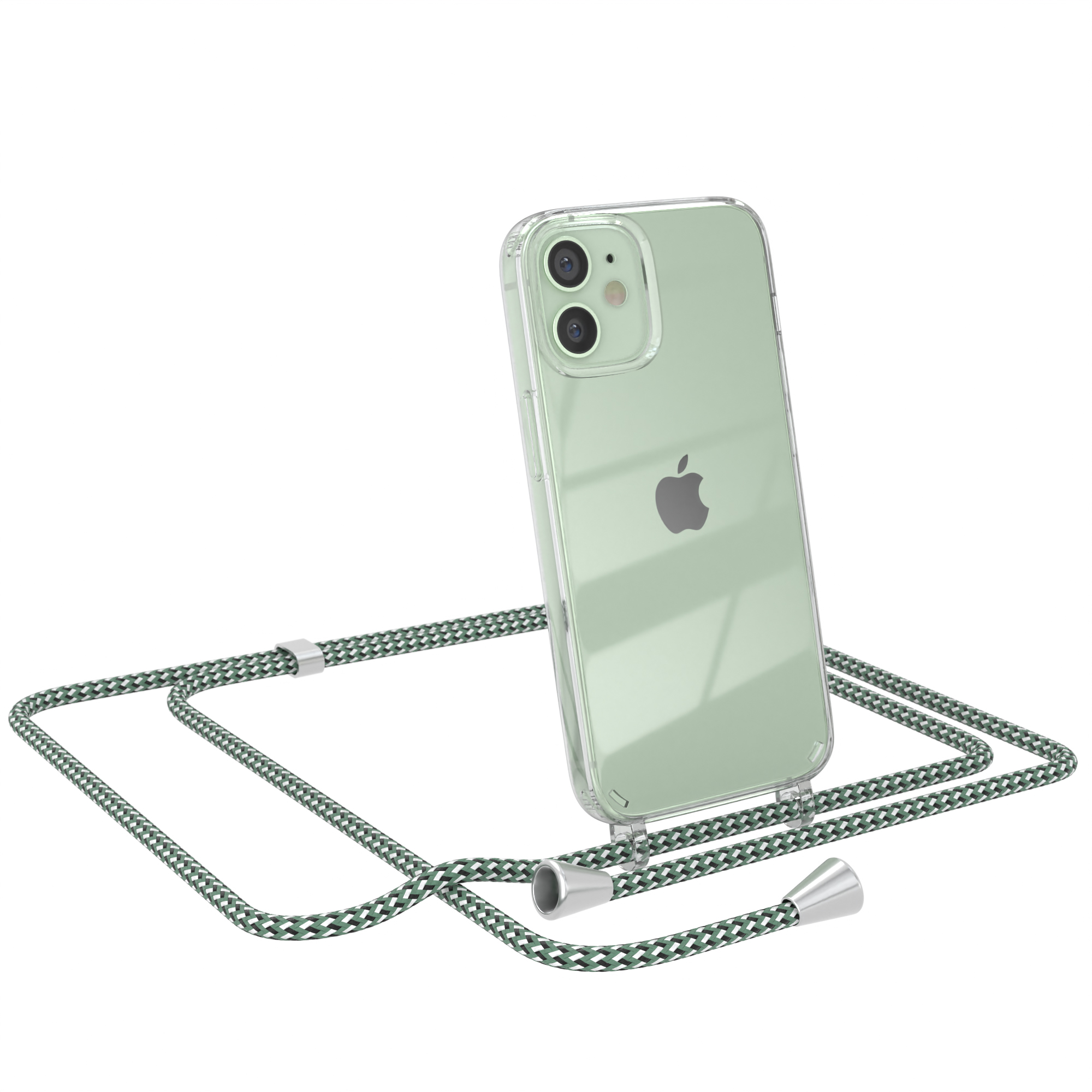 Transparente Handyhülle mit grünem Kordel. Apple-Telefon mit zwei Kameras.
