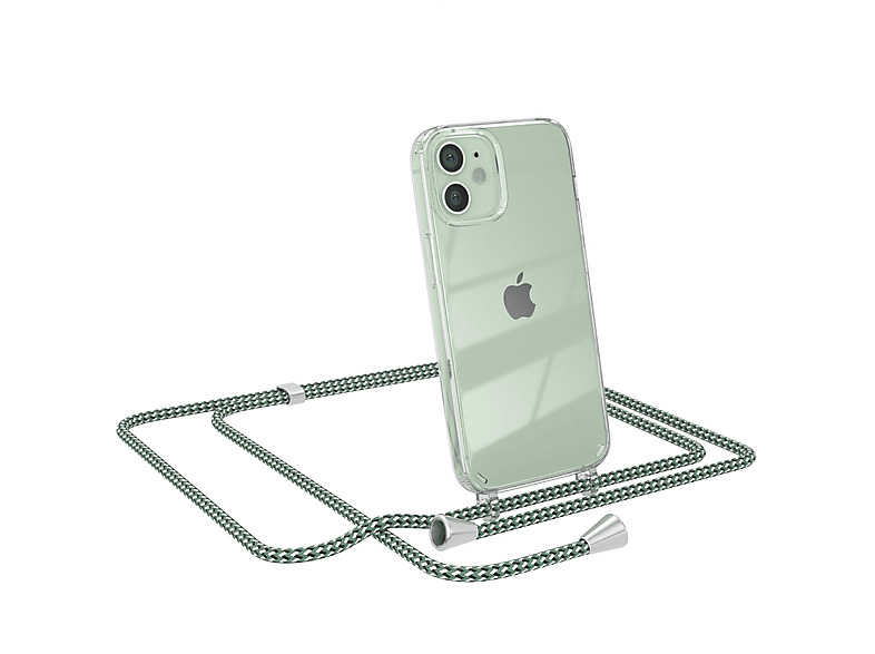 EAZY CASE Clear Cover mit Umhängeband, Umhängetasche, Apple, iPhone 12 Mini, Grün Weiß