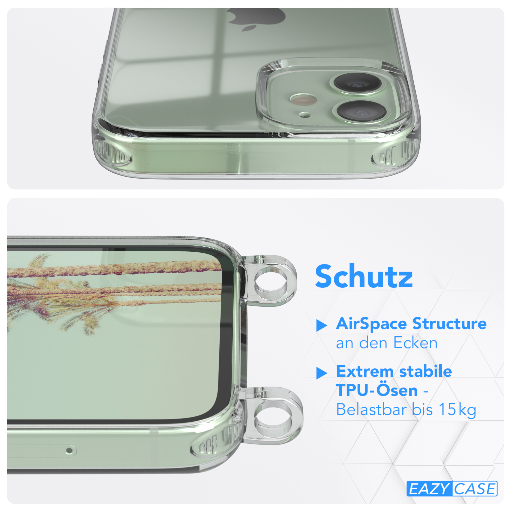 Nahaufnahme der transparenten Handyhülle. Zeigt Funktionen, Airspace-Struktur und TPU-Ösen. Text sagt 15 kg Belastbarkeit.