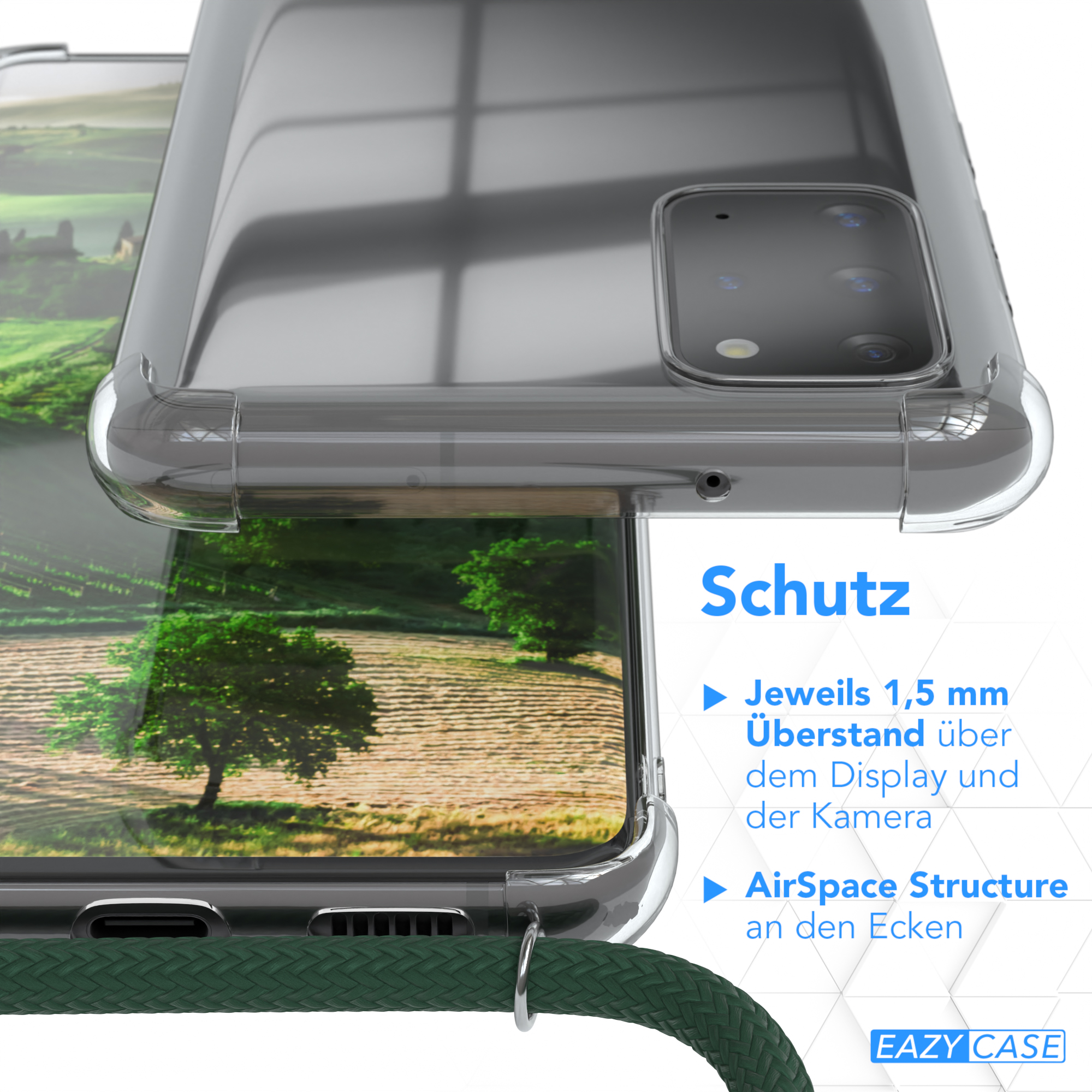 Nahaufnahme einer Handyhülle. Die Hülle ist transparent. Ein grüner Kordel ist an der Hülle befestigt.
