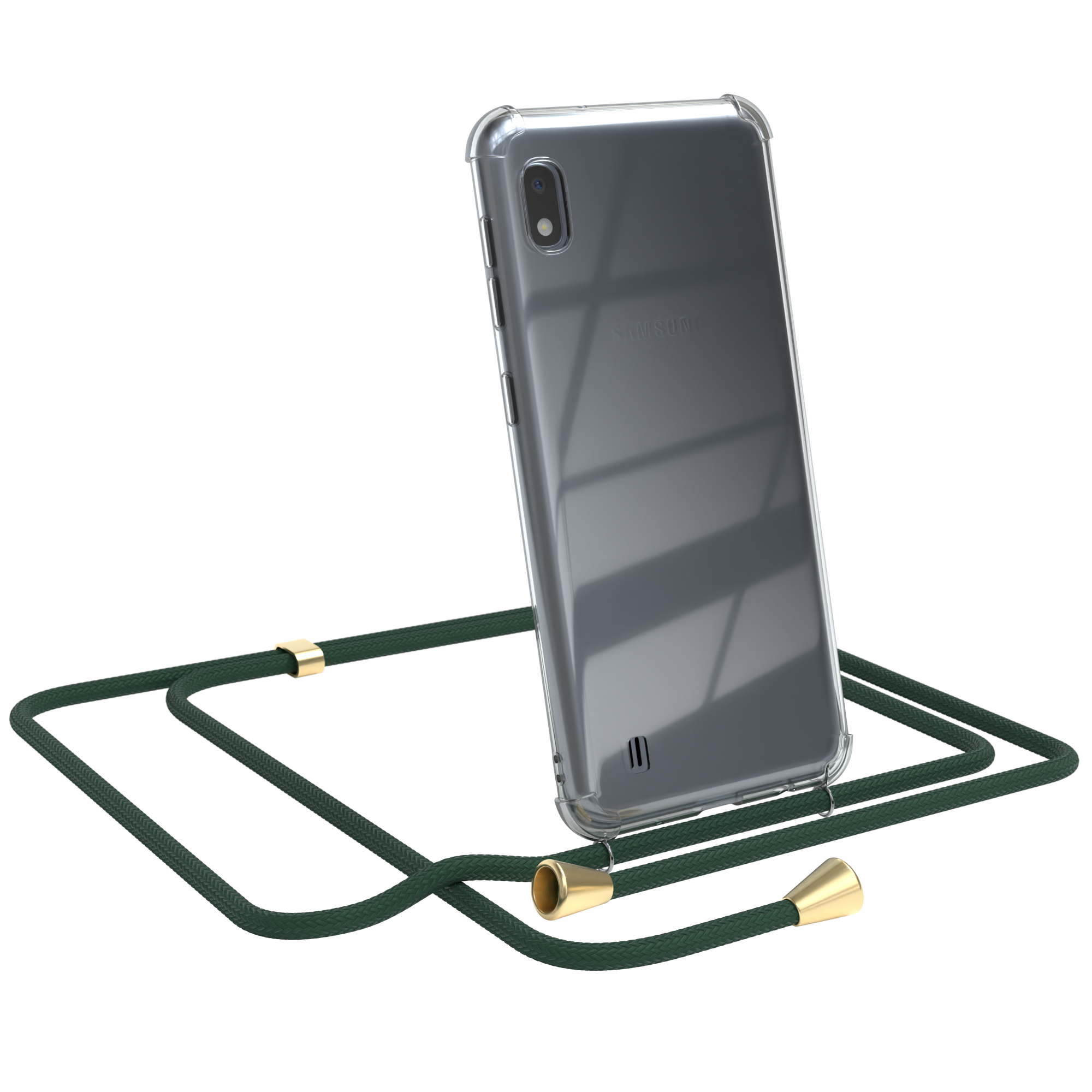 Eine transparente Handyhülle mit grünem Seilriemen, die ein schwarzes Samsung-Handy hält.